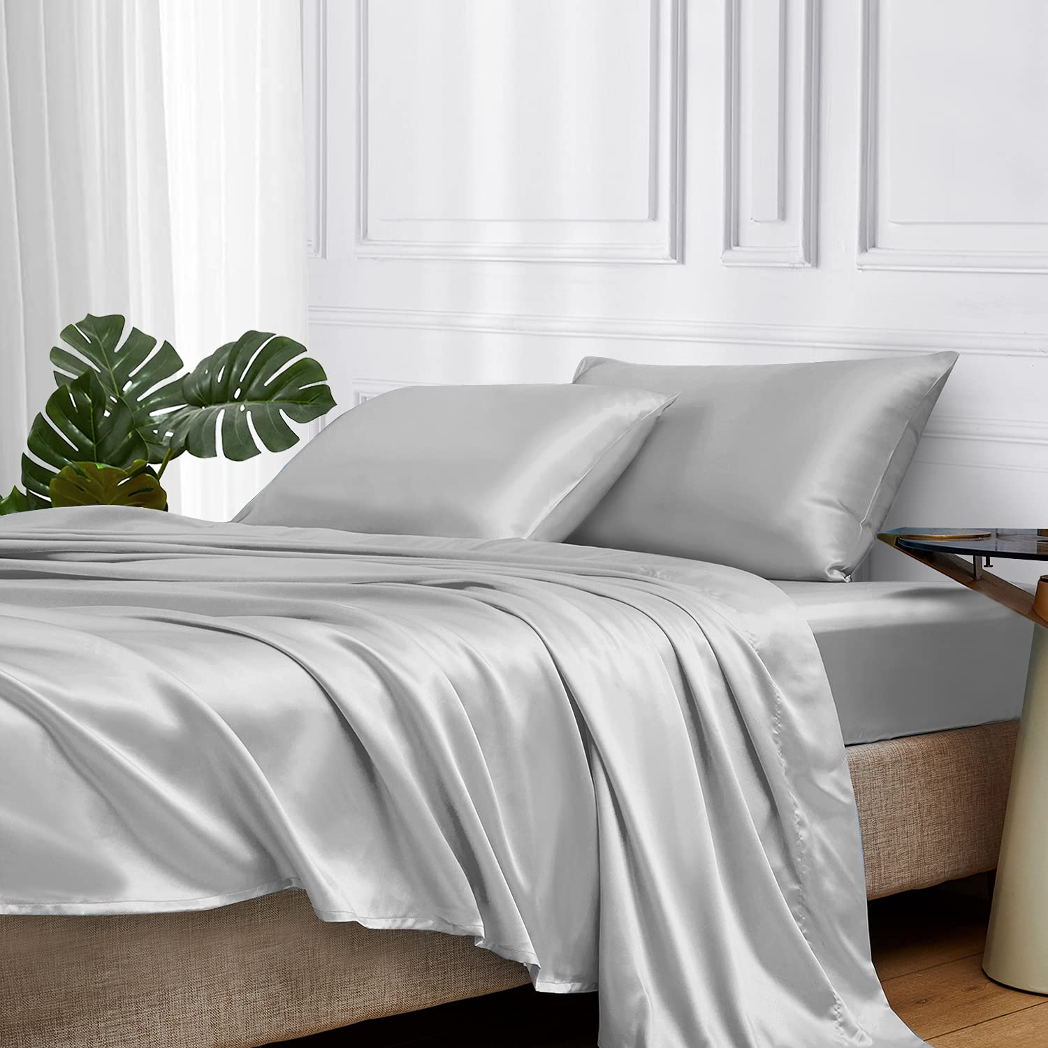 Mr&Hm Satin Bed Sheets, King Size Sheets Set, 4 Pcs Silky Bedding Set With 15 Inches Deep Pocket For Mattress (King, Silver Grey
