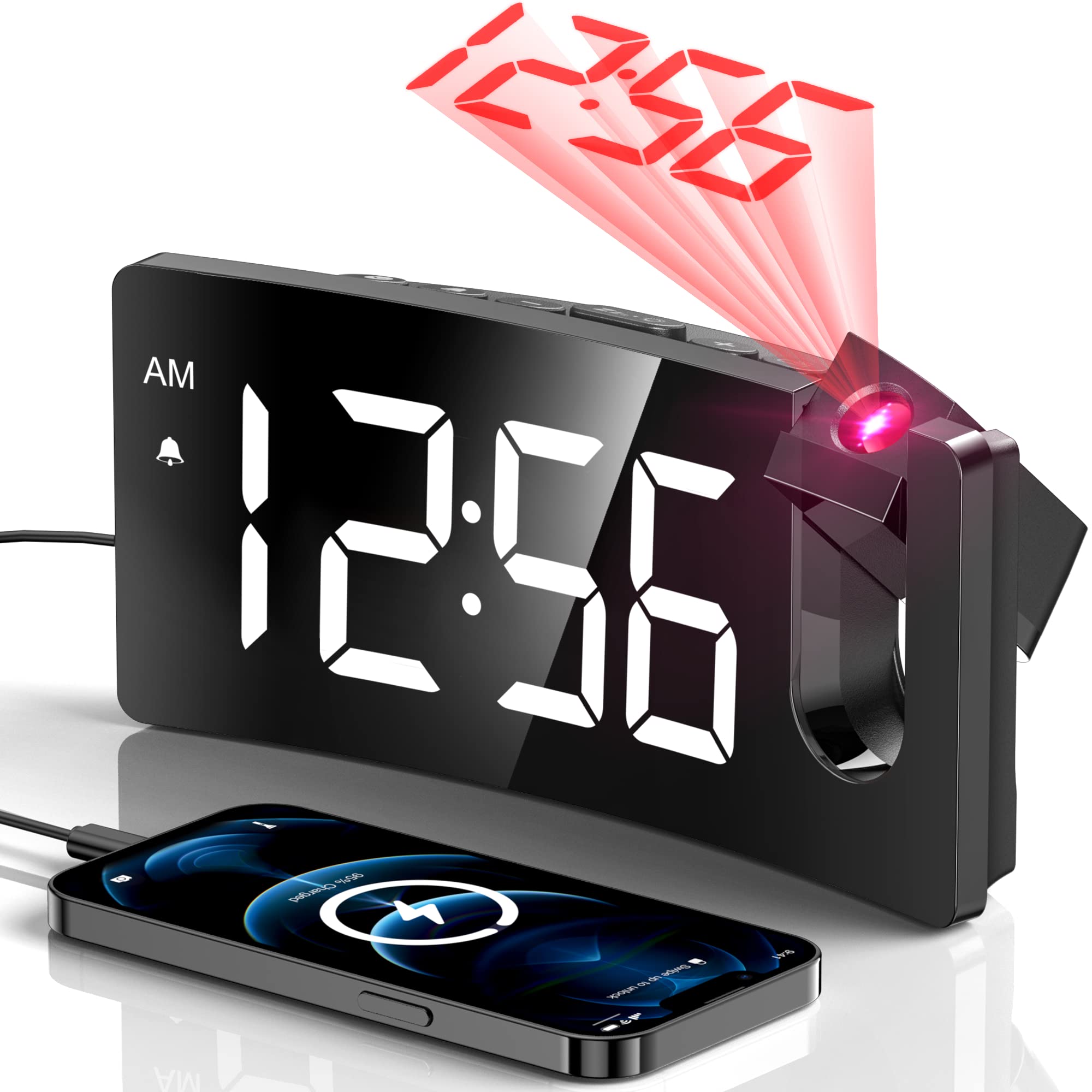 Projection Alarm Clock, Digital Clock with 180 Rotatable Projector, 3-Level Brightness Dimmer, Clear LED Display, USB Charger, P