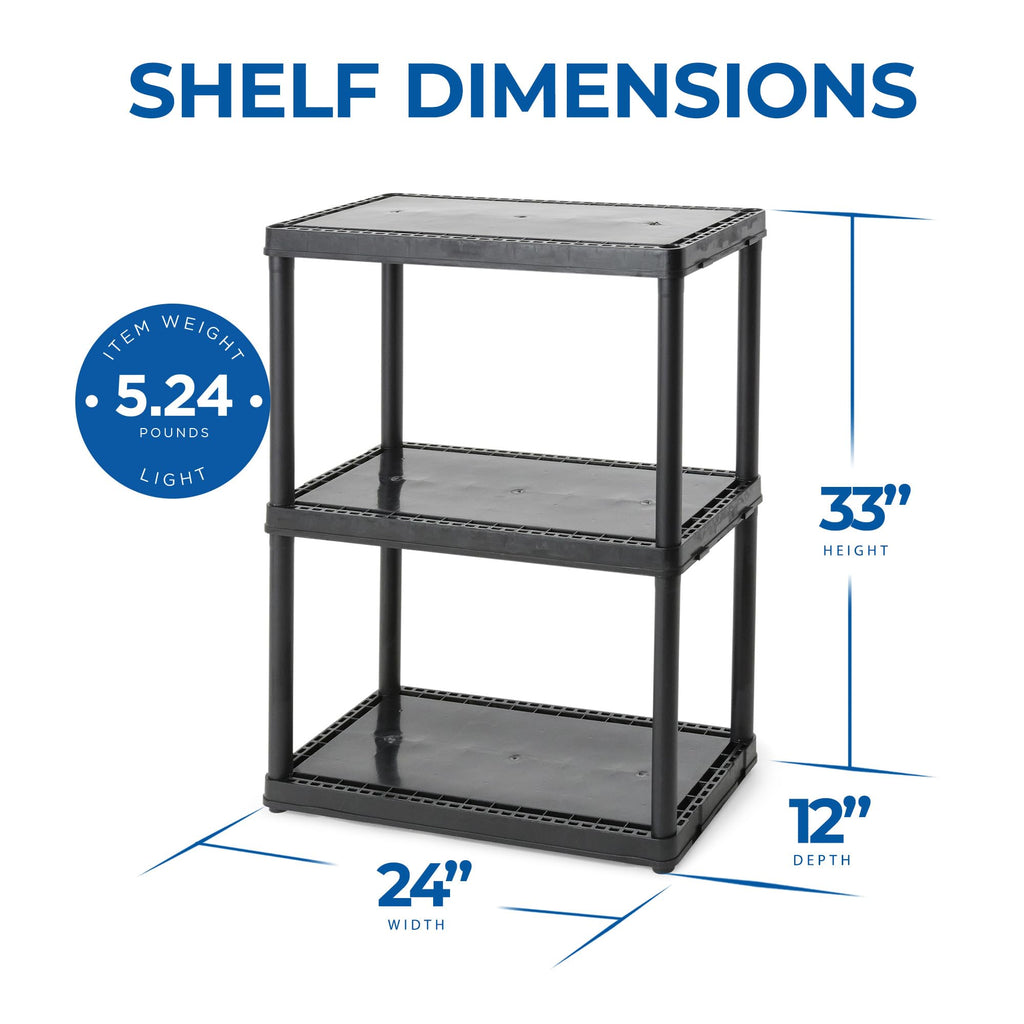 Gracious Living 3 Shelf Fixed Height Light Duty Storage Unit 12 X 24 X 33 Organizer System For Home, Garage, Basement, & Laundry, Black (2 Pack)