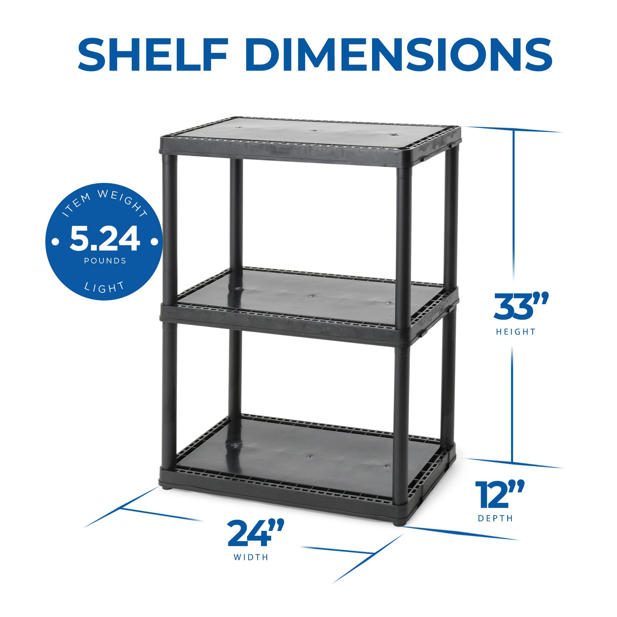 Gracious Living 3 Shelf Fixed Height Light Duty Storage Unit 12 X 24 X 33 Organizer System For Home, Garage, Basement, & Laundry, Black (2 Pack)