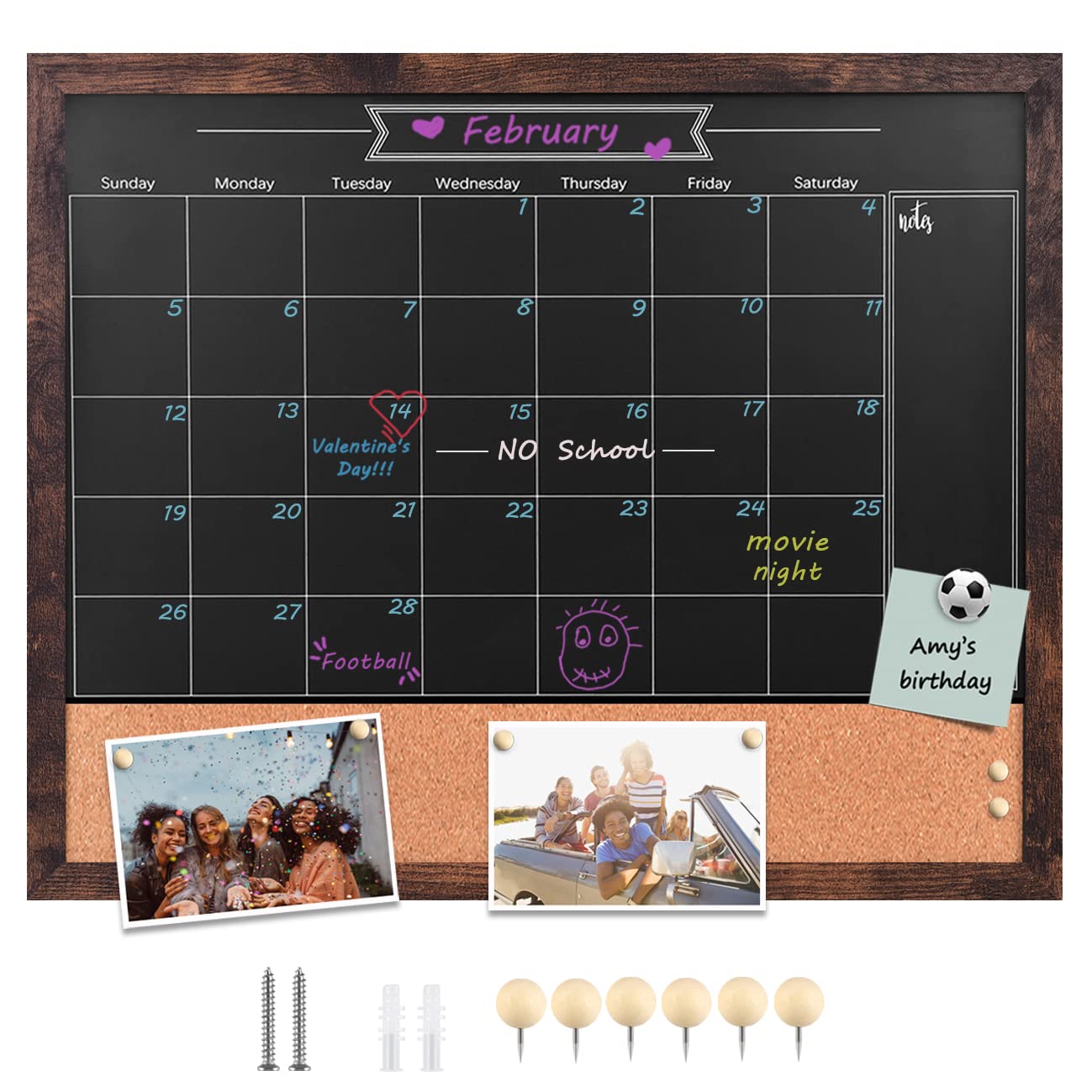 Toraso Magnetic Chalkboard Calendar Corkboard, 18' X 22' Combination Chalk Board Bulletin Board, Walnut Brown Framed Blackboar