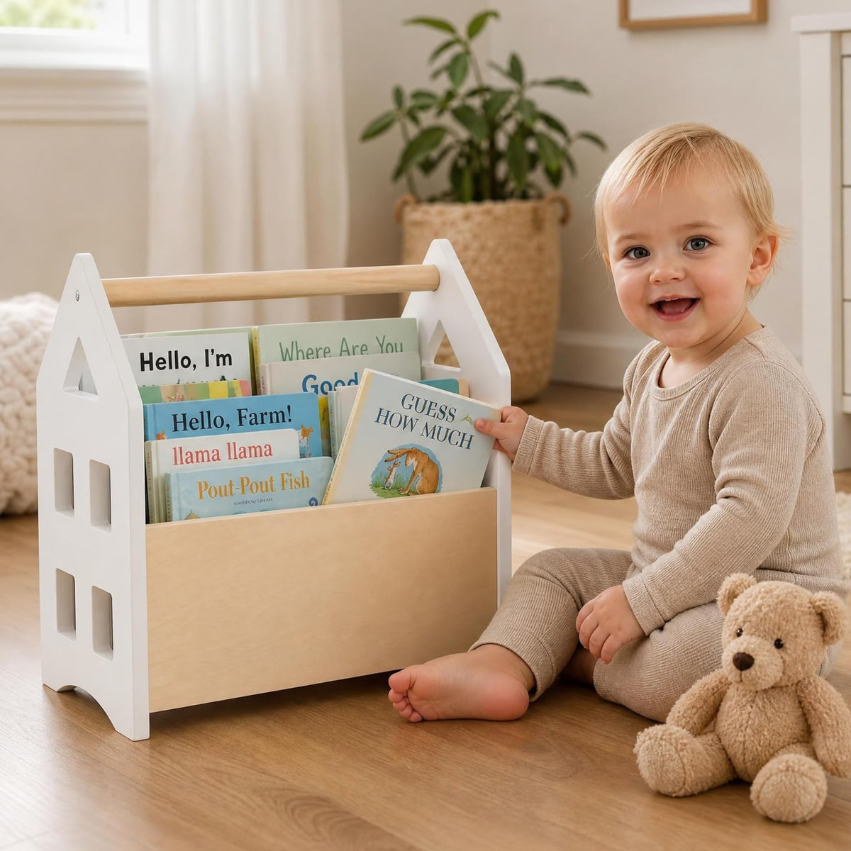 Decorative Wooden Bookshelf with Handle for Kids Rooms  Montessori Shelf