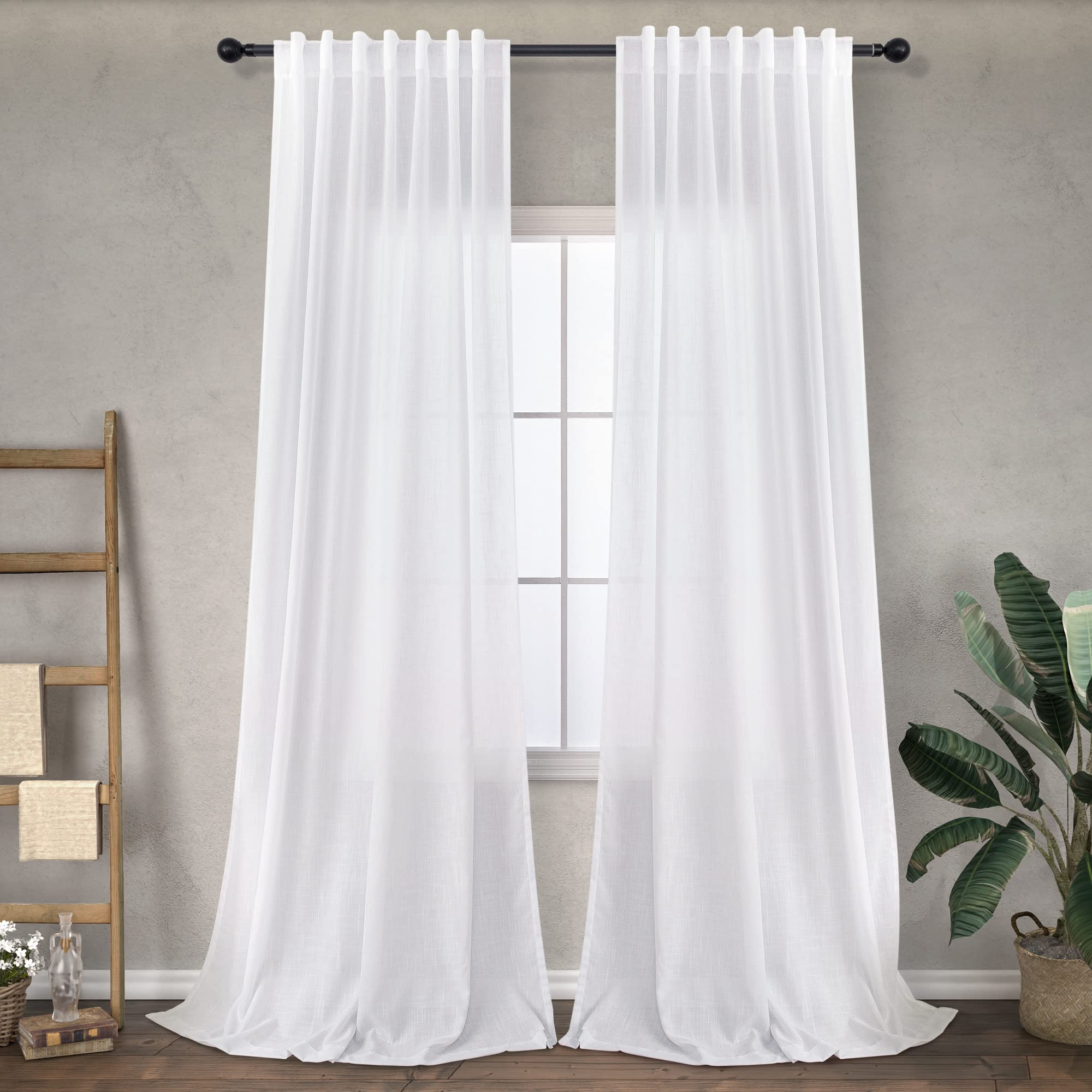 Simple White Linen Curtains 90 Inches Long For Living Room 2 Panels Back Tab Pocket Bohemian Semi Translucent Cotton Textured Sh
