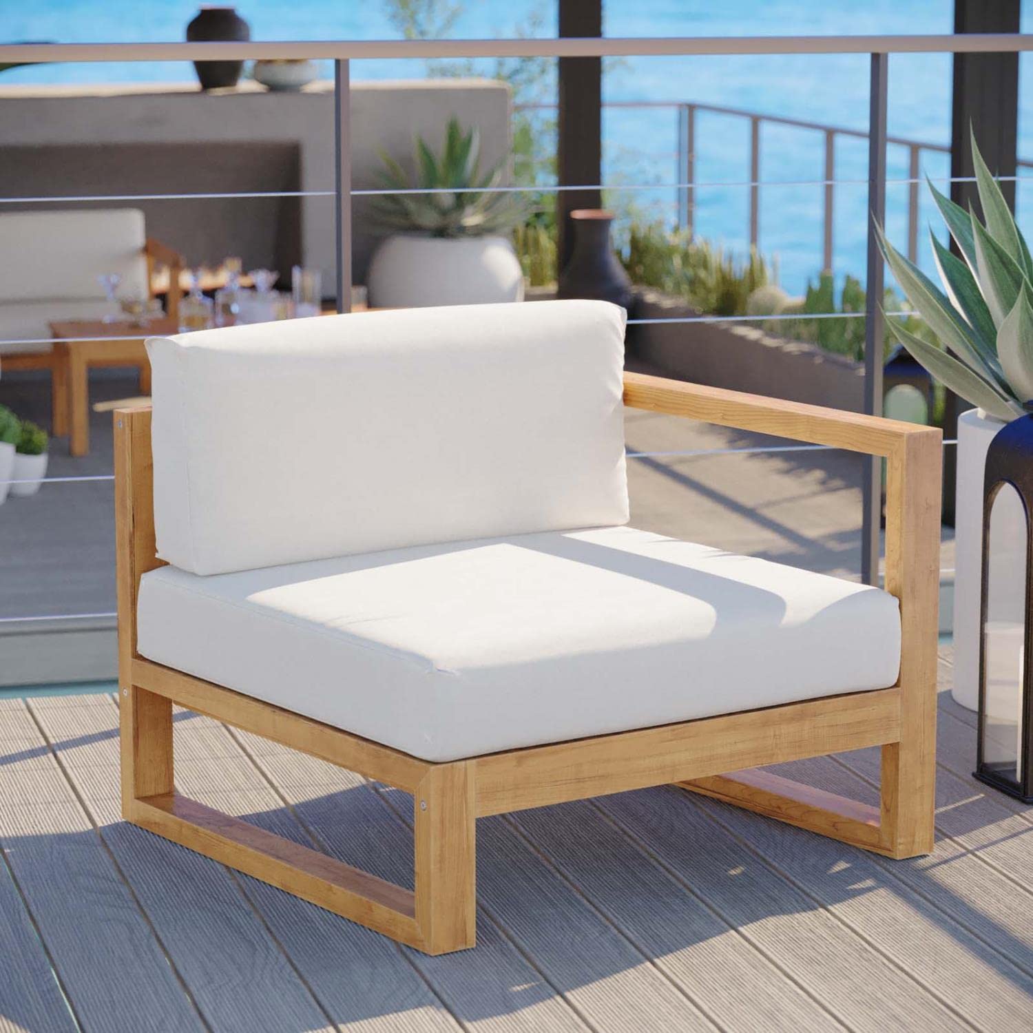 Modway Eei-4123-Nat-Whi Upland Patio Teak Wood Right-Arm Chair, Natural White