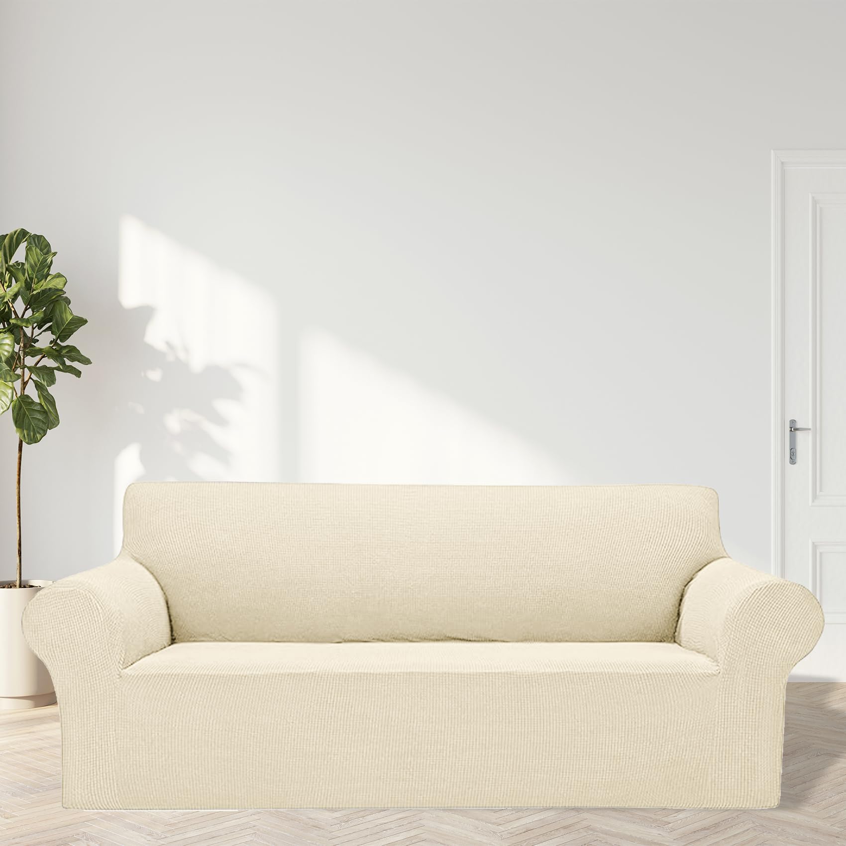 2025 New Stretch Sofa Slipcovers Couch Cover For 3 Cushion Furniture Protector Sofa Covers With Elastic Bottom Jacquard Fabric Small Checks For Pets, Kids -Sofa, Beige