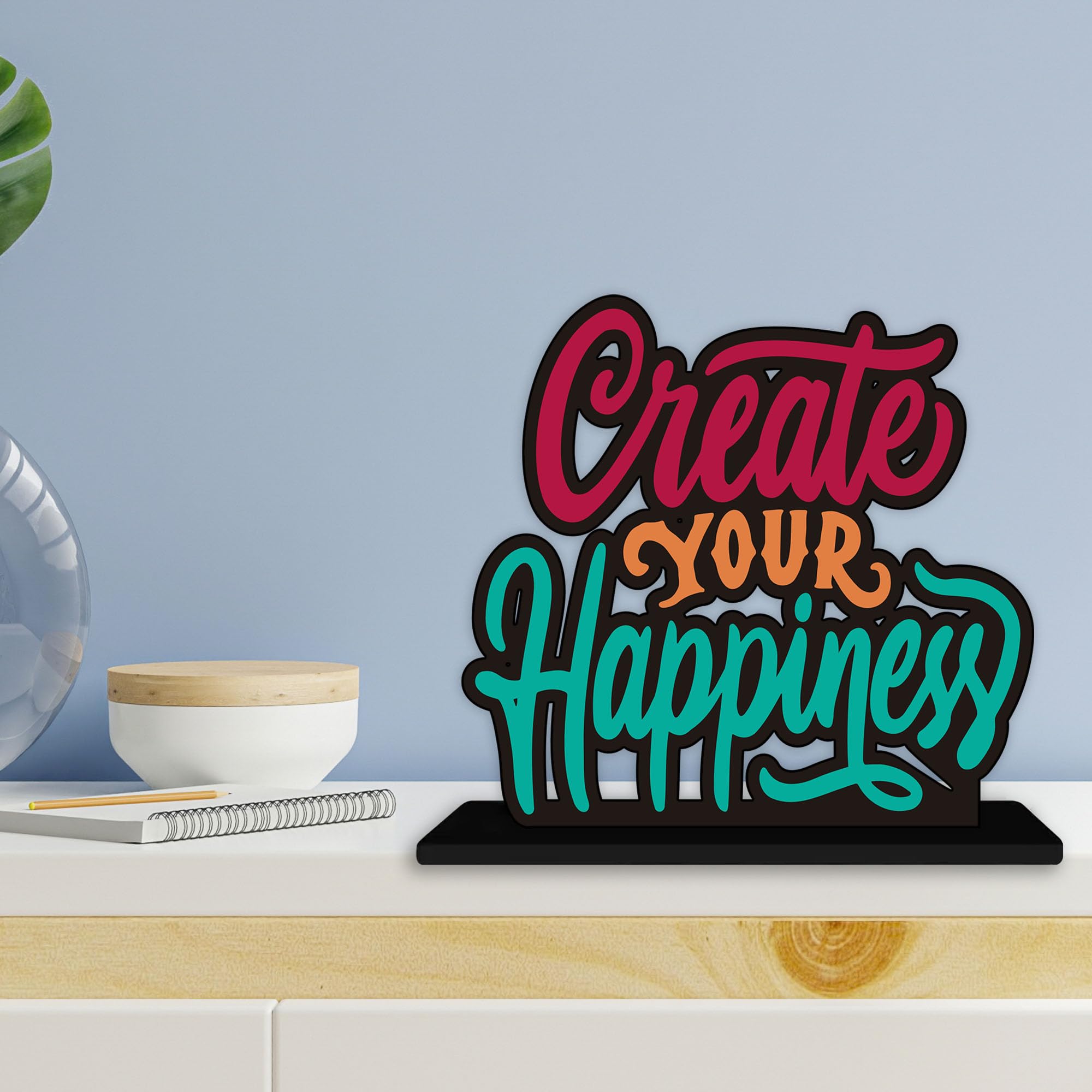 Artvibes Wooden Idols and Figurine Create Your Happiness Quotes Table Decoration for Office Desk | Home Decor Item | Living Room