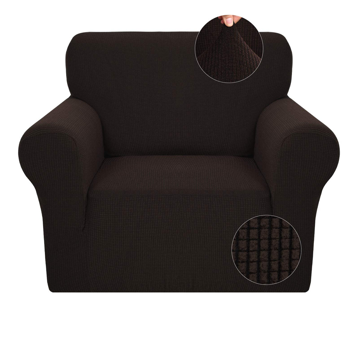 Jiviner Super Stretch Chair Slipcovers With Arms 1-Piece Jacquard Small Checks Living Room Armchair Covers Soft Anti Slip Sofa Couch Furniture Protector For Kids Pets (Chair, Dark Coffee)