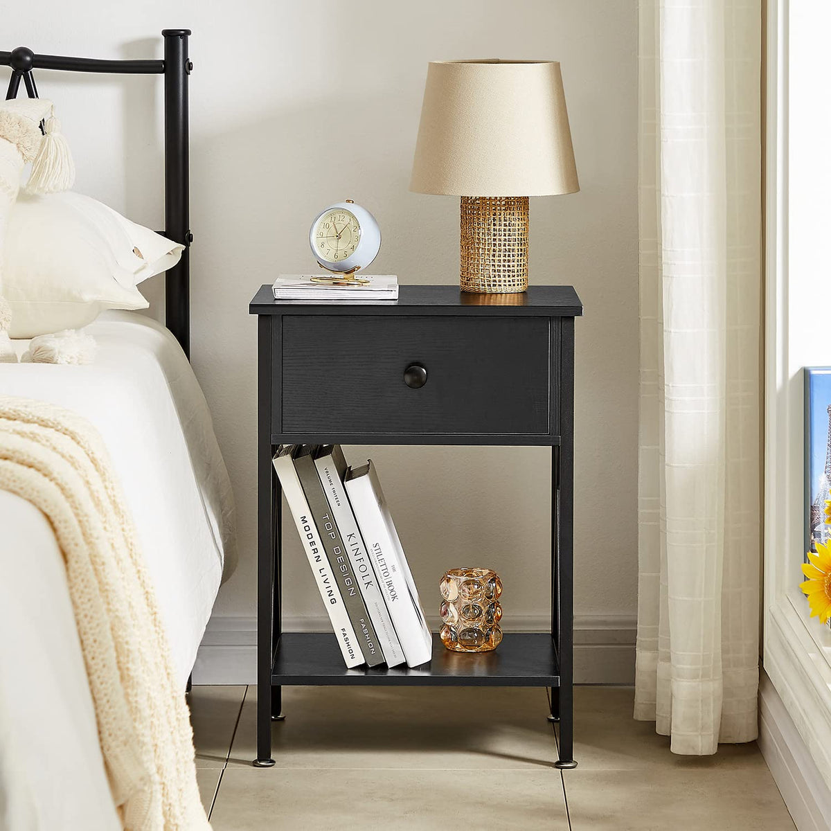 Vecelo Nightstands, Modern End Side Tables,Night Stand With Drawer &Storage Shelf For Bedroom Living Room Office Lounge, 2, Black