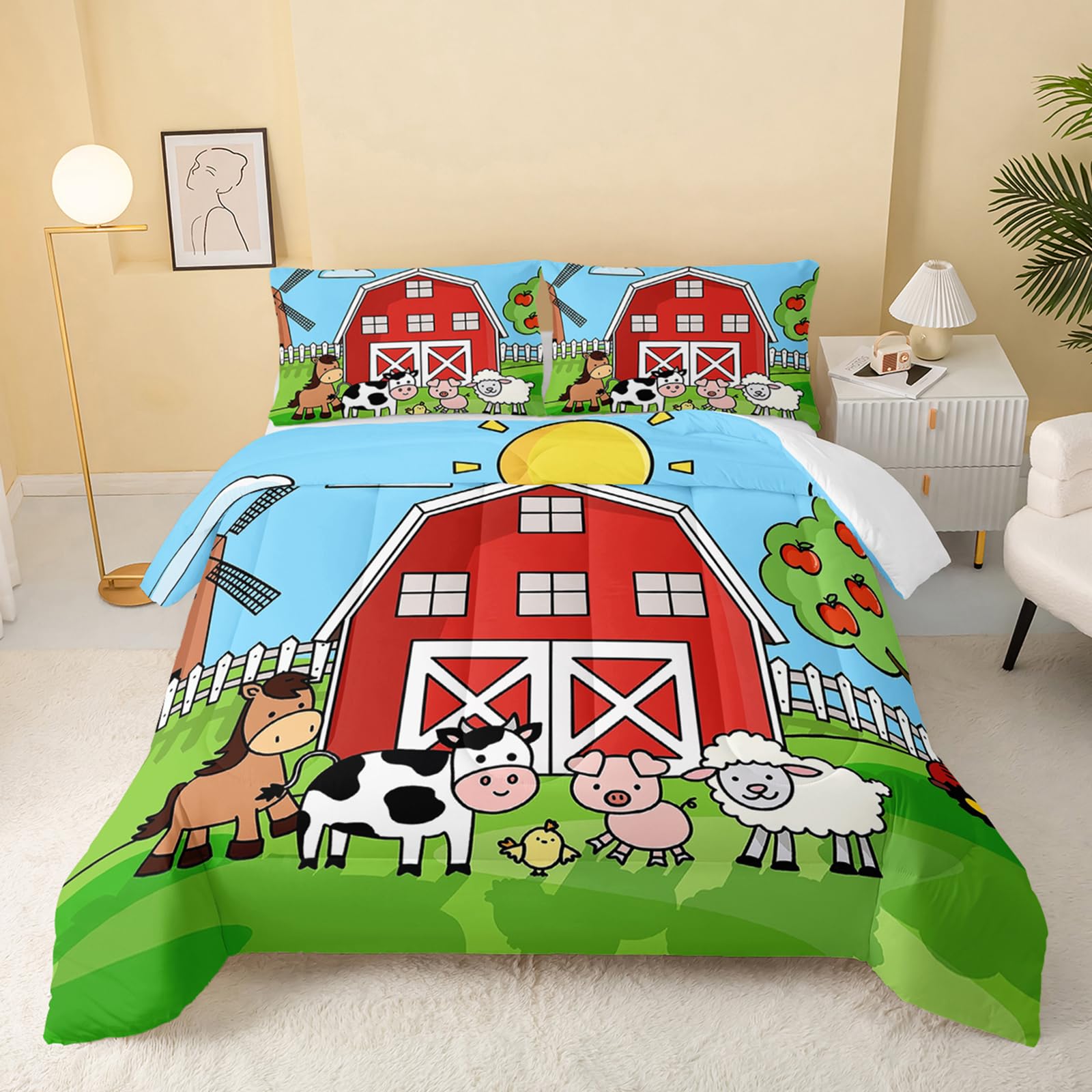 Qoomo Farm Animals Comforter,Farmhouse Comforter Set For Kids Teens Girls Boys,Cartoon Animals 3Pcs Bedding Set Printed Comforte