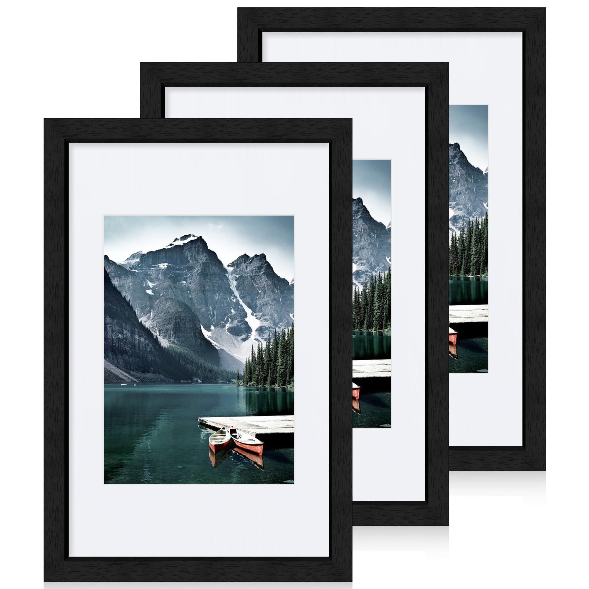 Hongkee 8x12 Black Picture Frames set of 3, Made of Wooden and Glass Photo frame - Displays 6x8 Picture with Mat or 8 x 12 Poste