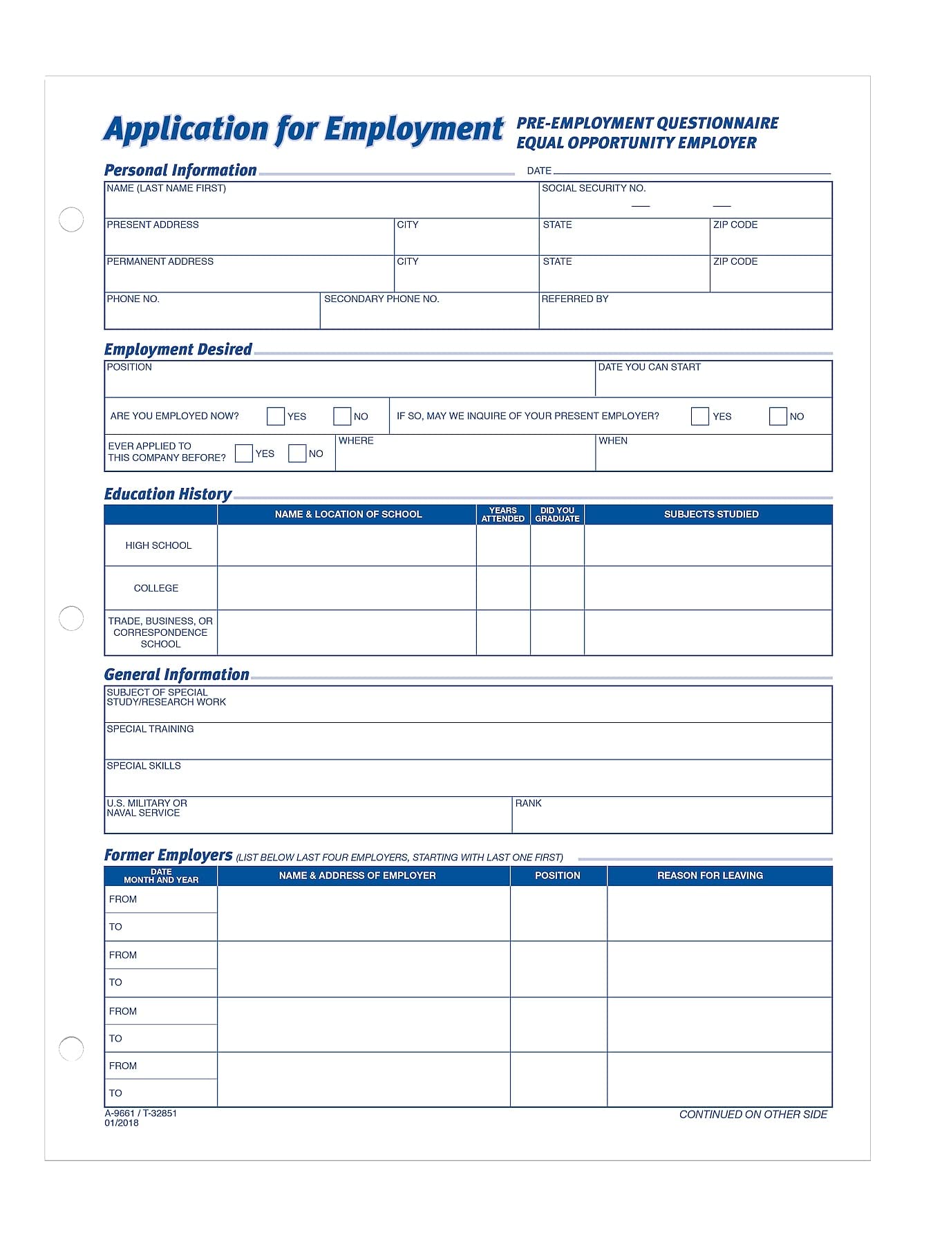Tops 32851 Employee Application Form, 8-3/8 X 11, 50 Forms/Pad, 2 Pads/Pack