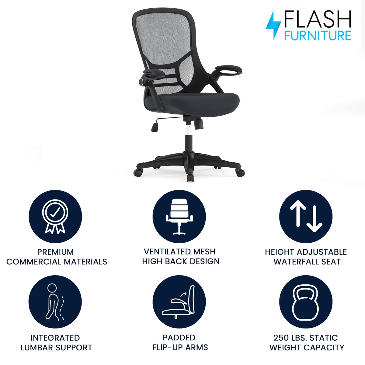 Flash Furniture Porter High-Back Swivel Office Chair with Adjustable Lumbar Support and Seat Height, Ergonomic Mesh Desk Chair with Flip-Up Armrests, Black
