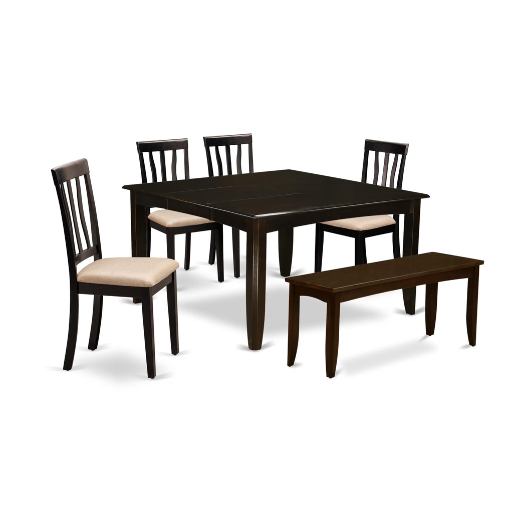 East West Furniture PFAN6-CAP-C 6 Piece Dining Set Contains a Square Dining Room Table with Butterfly Leaf and 4 Linen Fabric Kitchen Chairs with a Bench, 54x54 Inch, Cappuccino