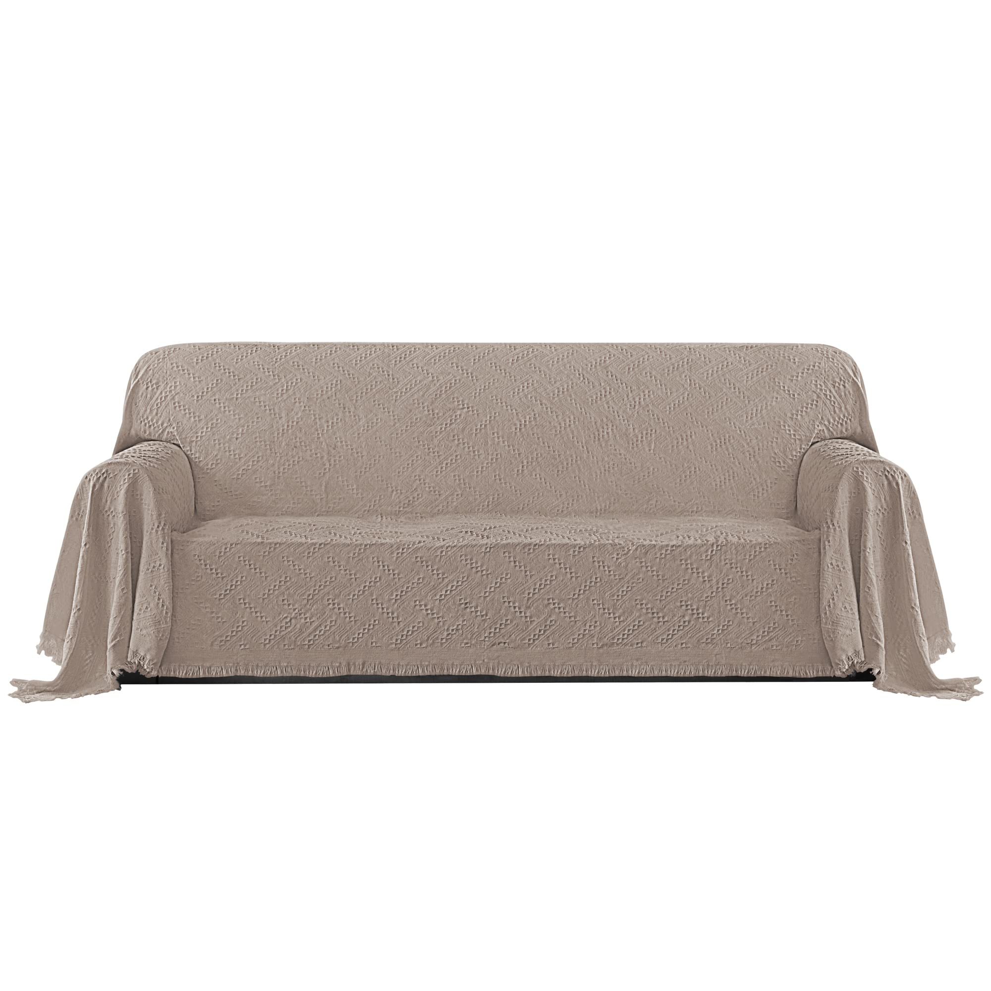 Purefit Geometric Jacquard Throw Sofa Cover - Textured Soft Washable Decorative Couch Covers For 3 Cushion Couch, Throw Cover With Tassels Furniture Protector For Pets, Kids (X-Large, Camel)