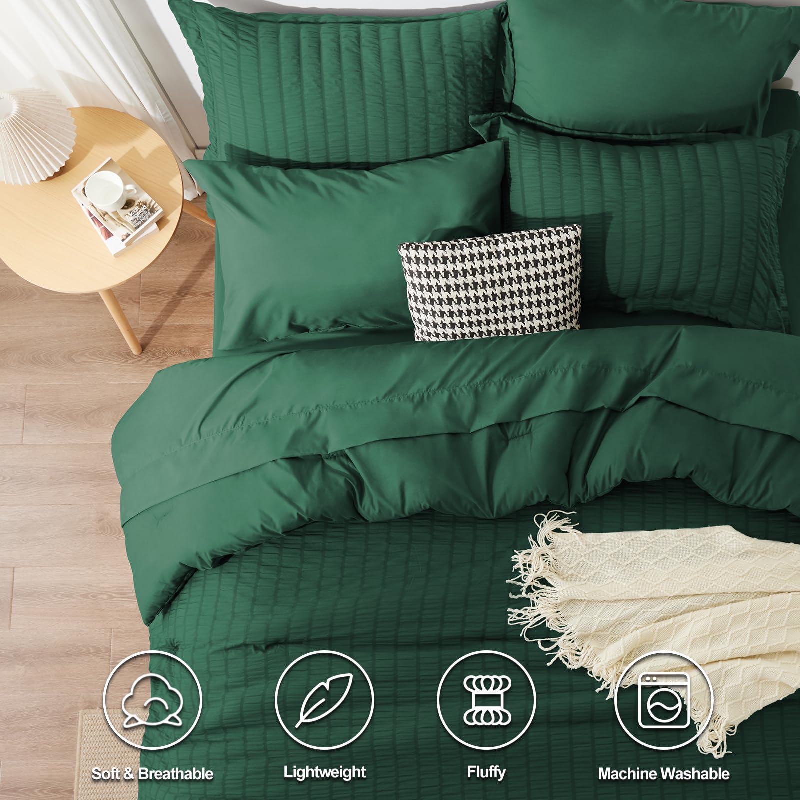 Cozylux Full Seersucker Comforter Set With Sheets Emerald Green Bed In A Bag 7-Pieces All Season Bedding Sets With Comforter, Pillow Sham, Flat Sheet, Fitted Sheet, Pillowcase