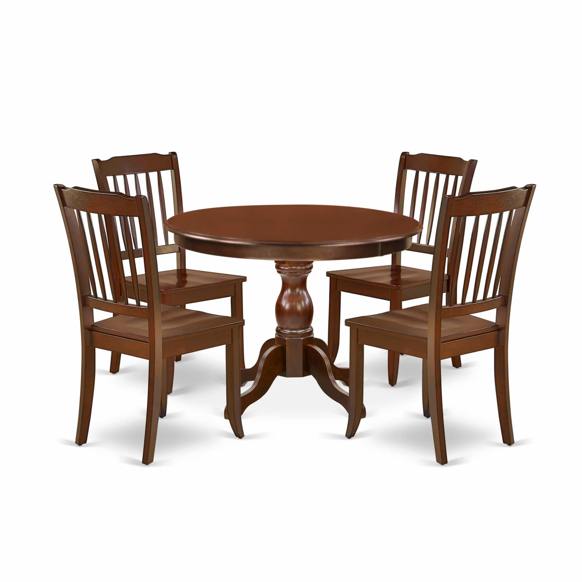 East West Furniture HBDA5-MAH-W 5 Piece Dining Set Includes a Round Dining Table with Pedestal and 4 Kitchen Chairs, 42x42 Inch, Mahogany