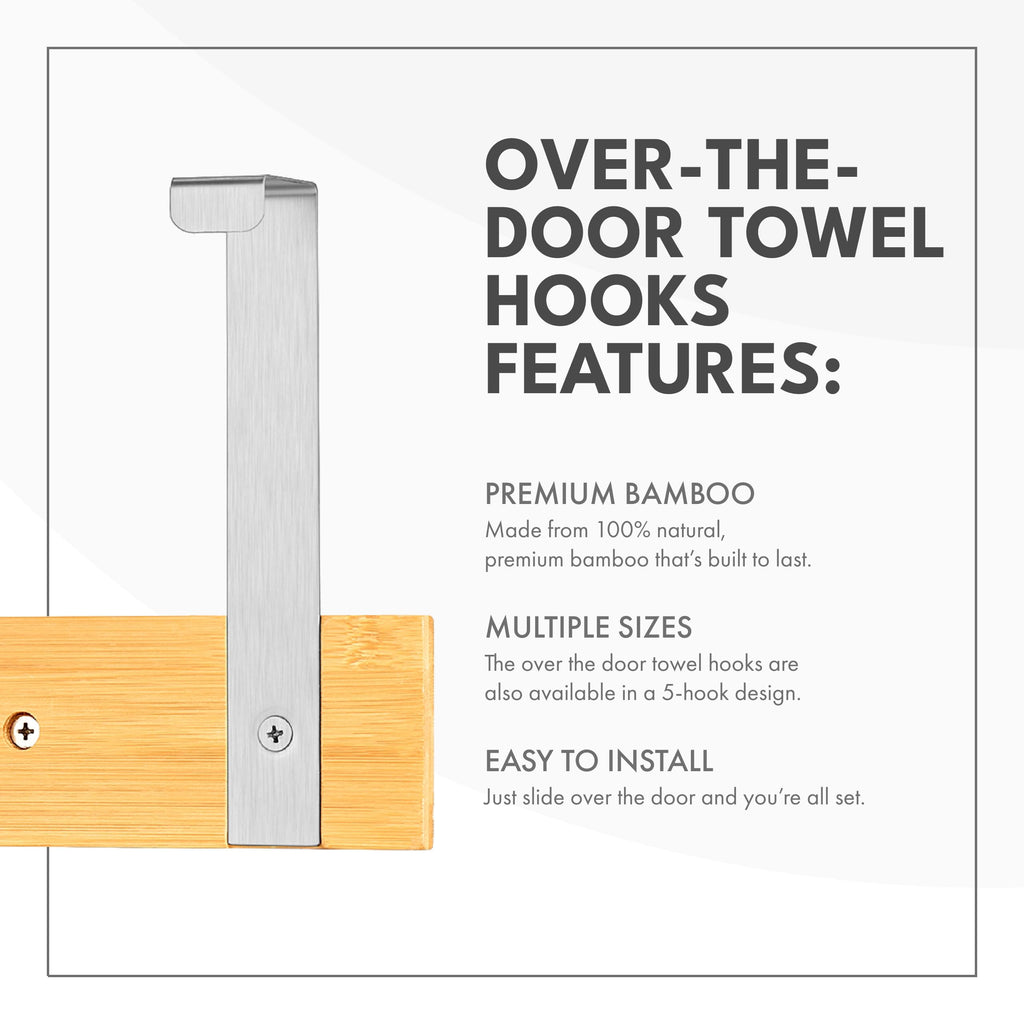Toilettree Products Bamboo Stainless Steel Over-The-Door Towel Hooks - Durable Coat, Clothes, And Towel Rack To Use In The Bathr