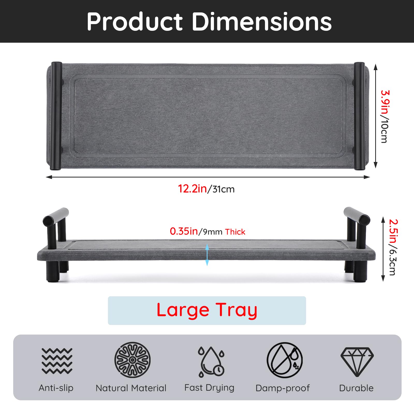 Segbeauty 12X4In Kitchen Sink Organizer, Instant Dry Sink Caddy Stone Drying Mat With Handle, Diatomaceous Earth Fast Drying Sto
