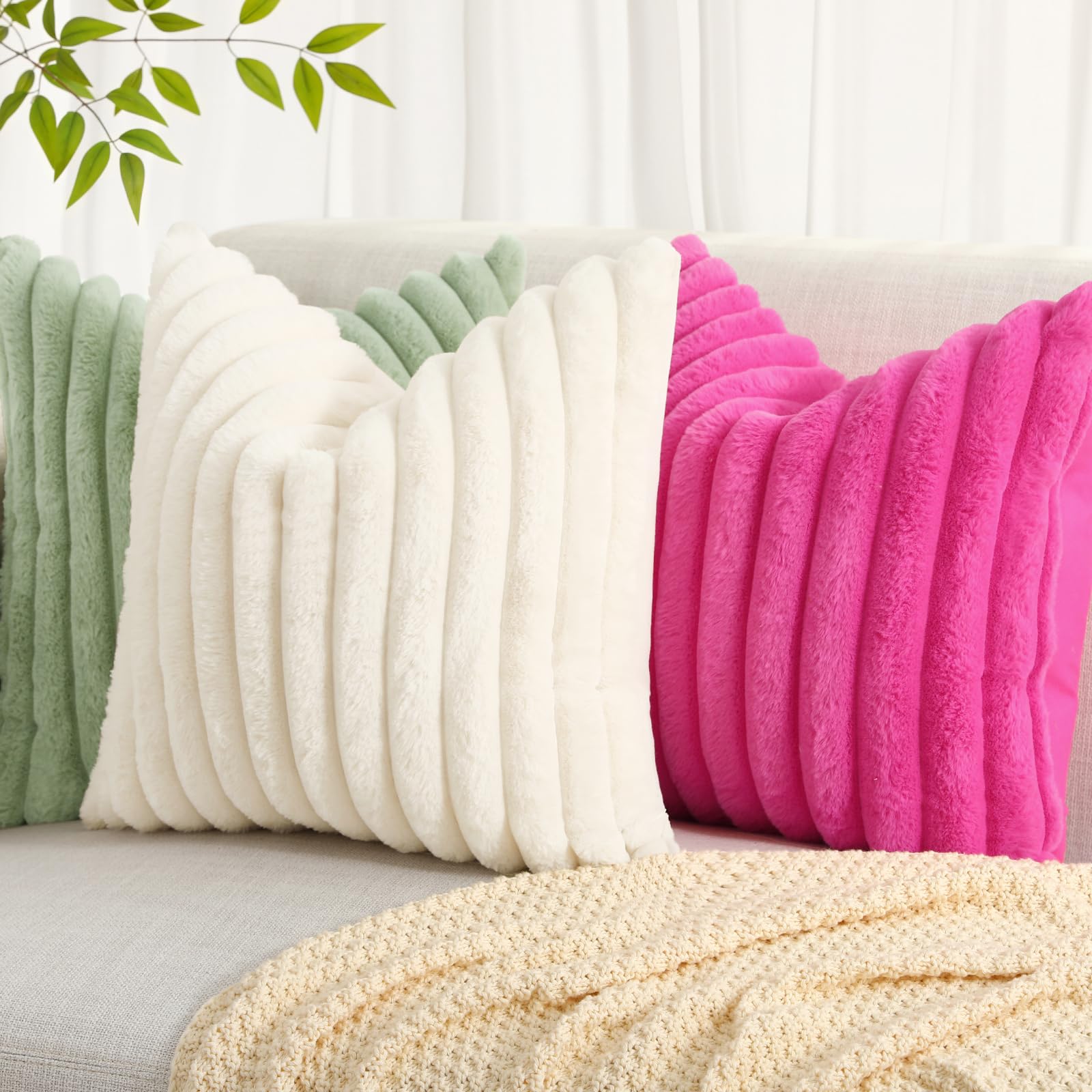 Decoruhome Faux Fur Spring Throw Pillow Covers 16X16 Set Of 2, Decorative Soft Plush Striped Couch Pillow Covers With Velvet Back For Sofa, Bed, Living Room, Sage Green