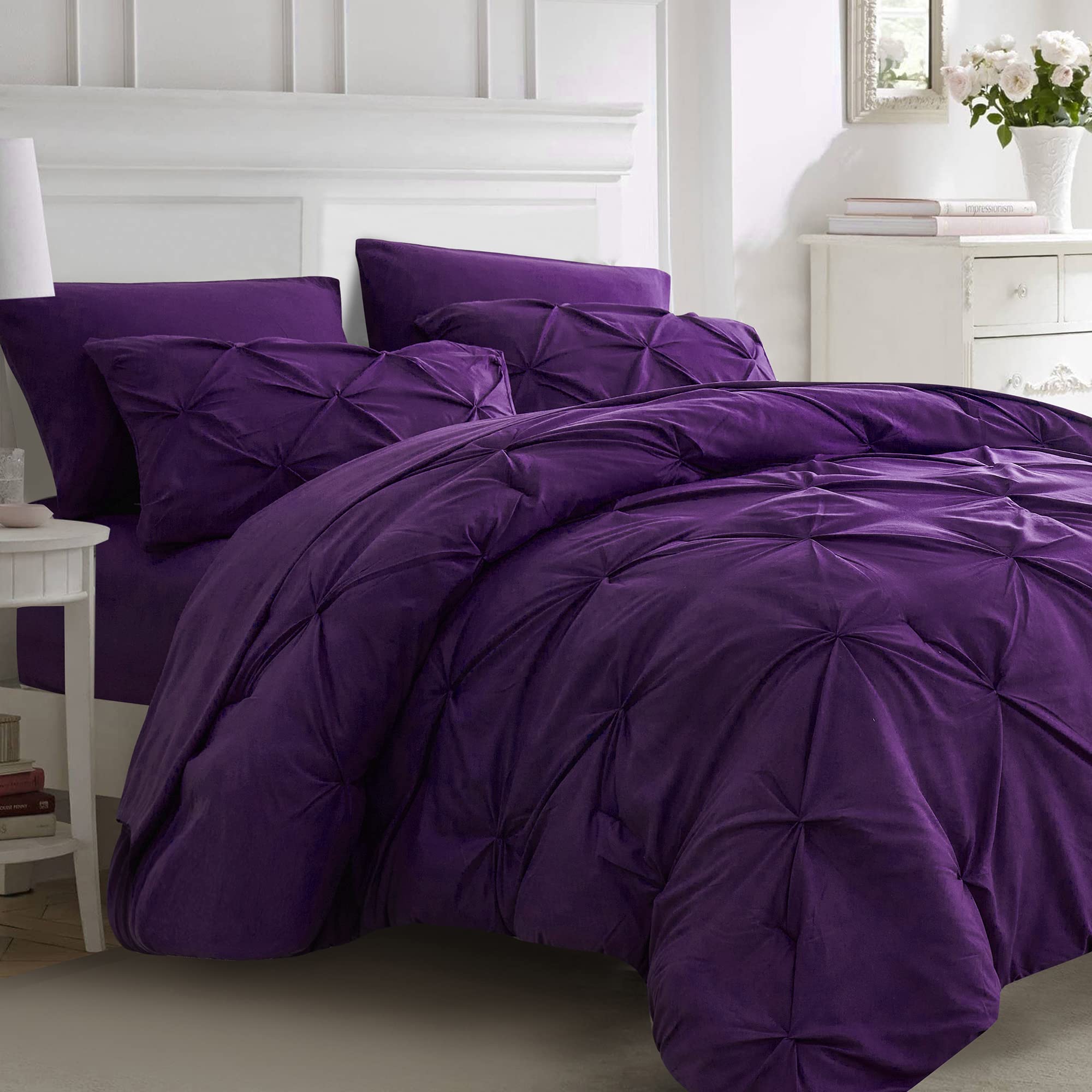 Ubauba 7Pc Purple Comforter Set Queen Size With Sheets, Pintuck 7 Piece Bedding Comforters Bed In A Bag For All Season, Pinched