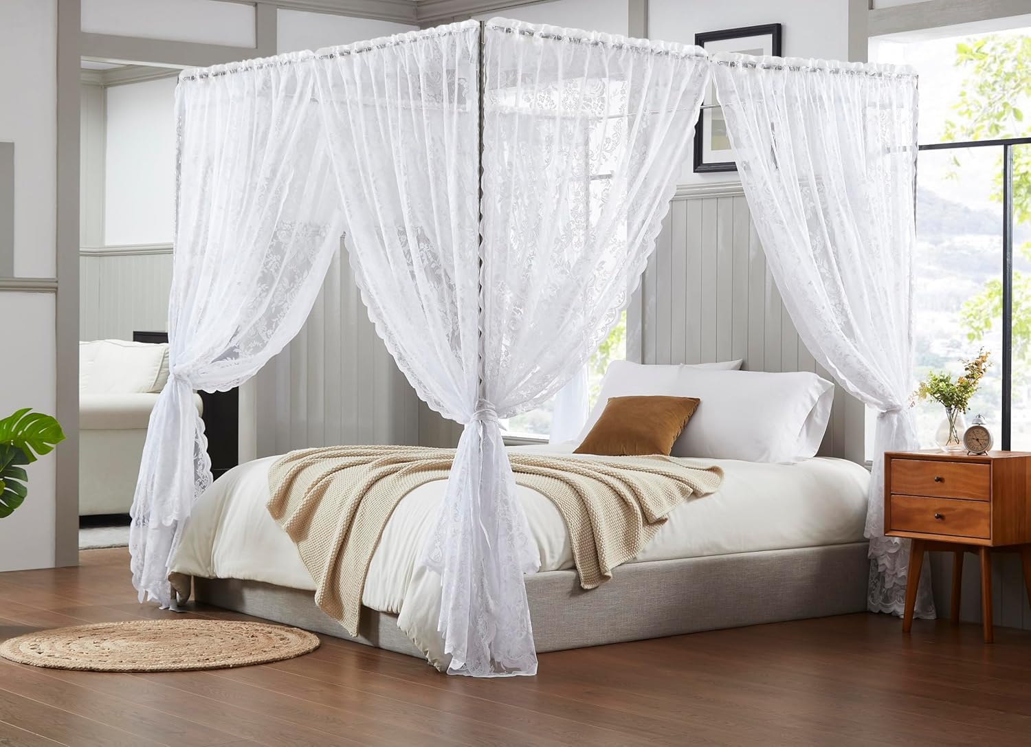 Treatmentex Floral White Lace Curtains 63 inch Length, French Rose Embroidered Sheer Curtains for Living Room Bedroom, Light Fil