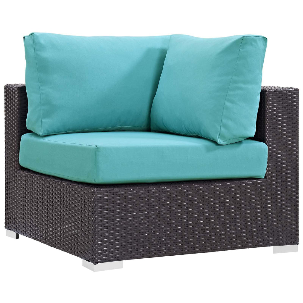 Modway Convene Wicker Rattan 5 Piece Outdoor Patio Sectional Set With Fire Pit In Espresso Turquoise