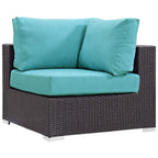 Modway Convene Wicker Rattan 5 Piece Outdoor Patio Sectional Set With Fire Pit In Espresso Turquoise