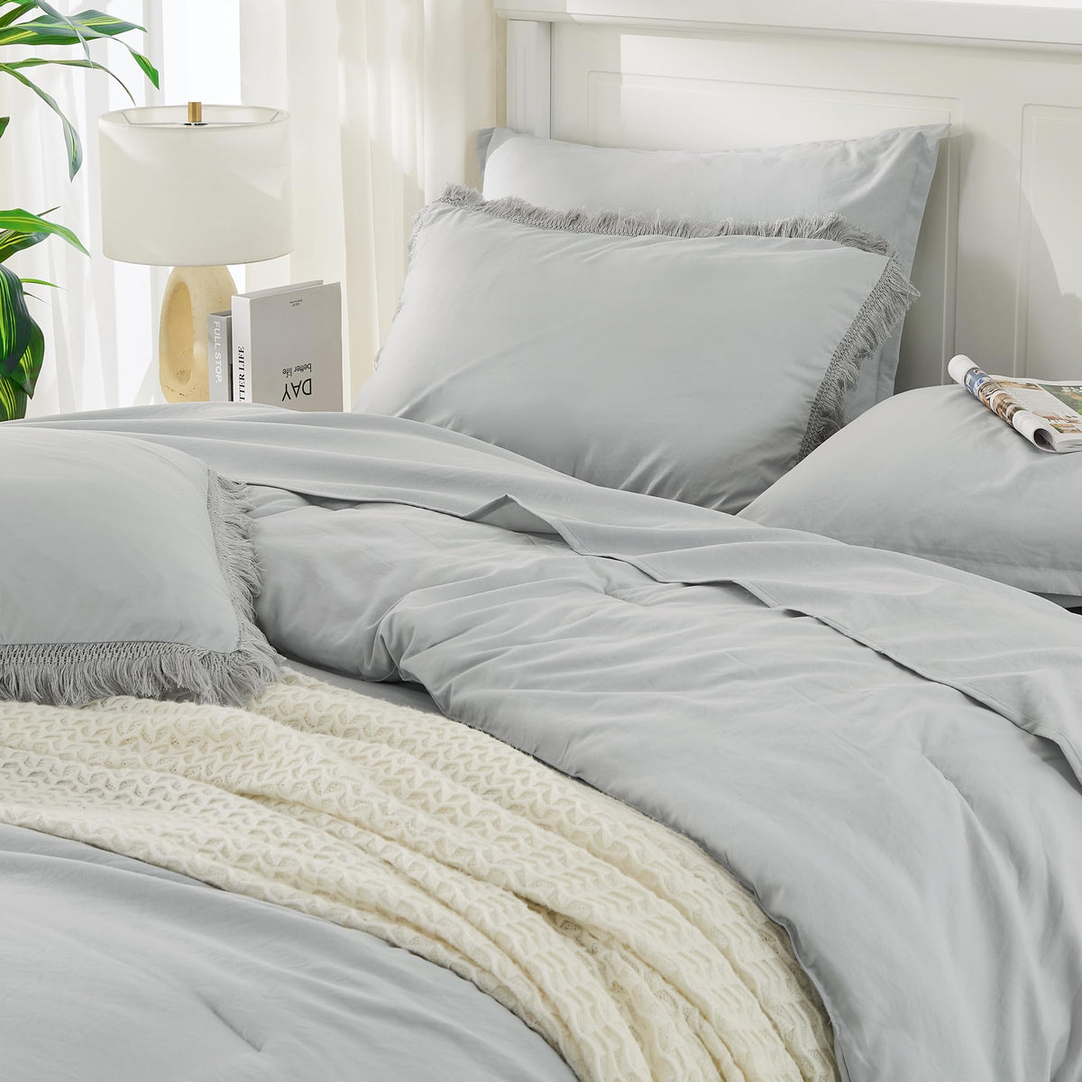 Andency Light Grey Full Size Comforter Set With Sheets - 7 Pieces Boho Tassel Bed In A Bag Soft Lightweight Bedding Sets, Light Grey Fringe Bed Set With Comforter, Sheets, Pillowcases & Shams
