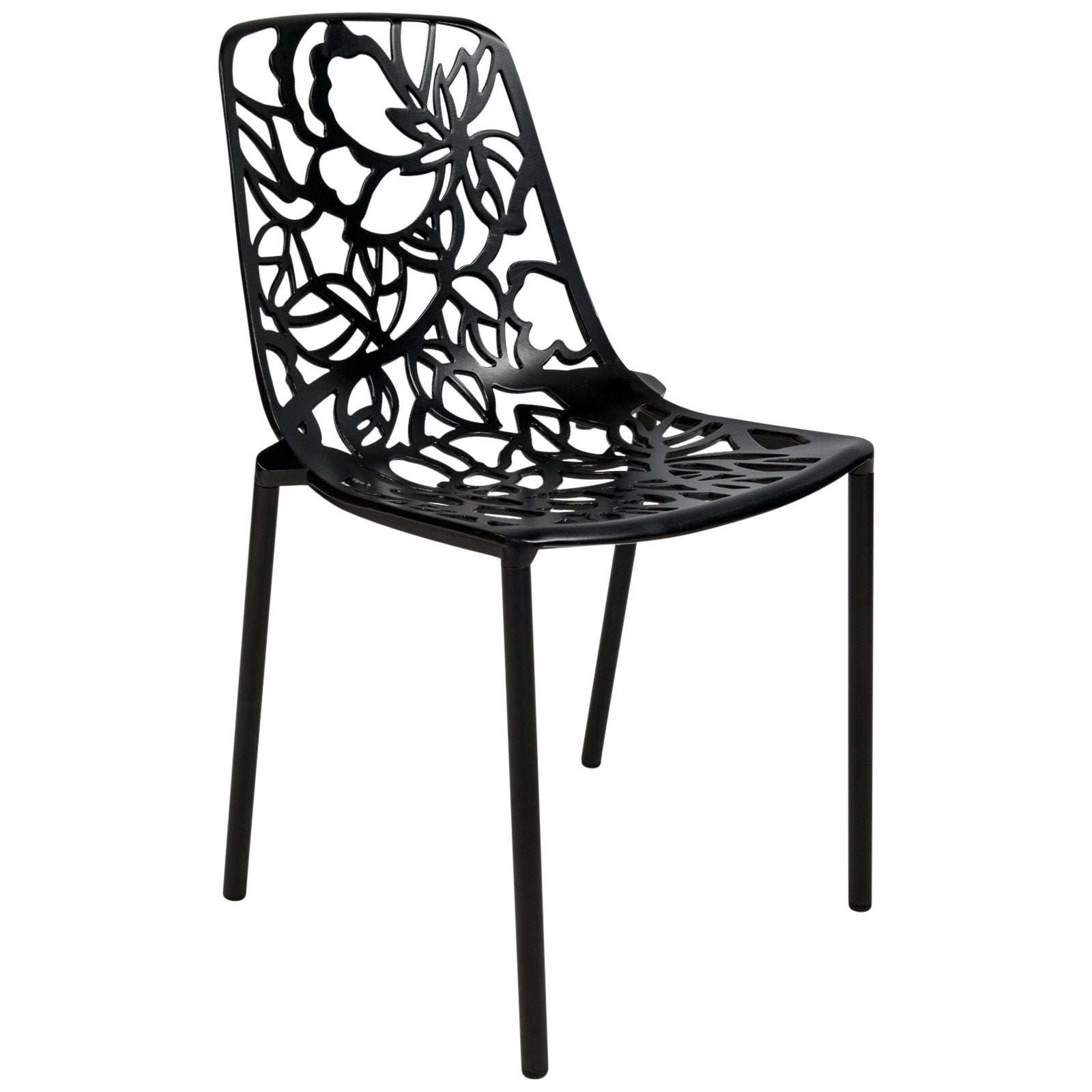 LeisureMod Aluminum Stackable Dining Chair with Floral Cutout Design, Black Patio Side Chair for Indoor and Outdoor Use