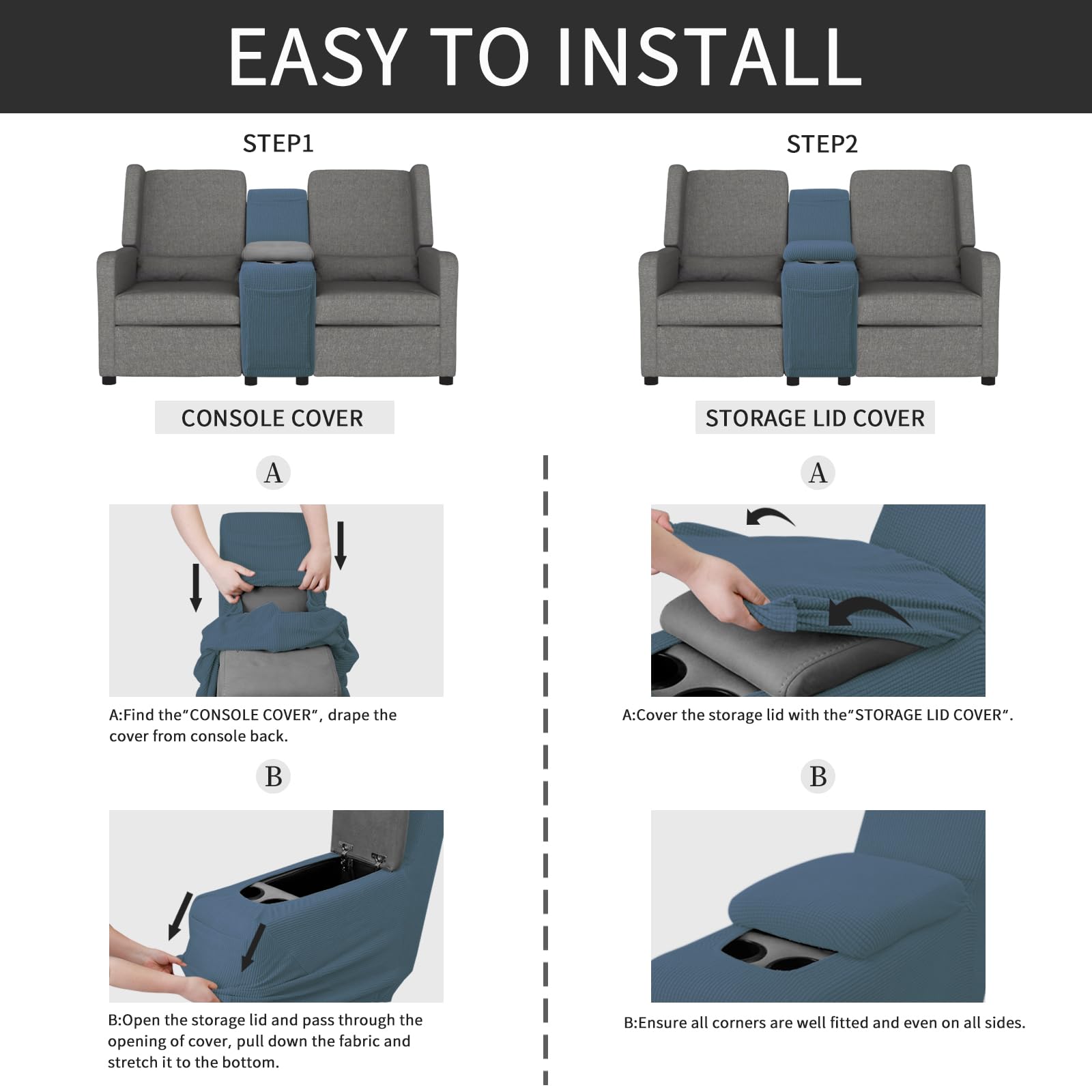 Easy-Going 2-Piece Recliner Console Cover For Reclining Loveseat Covers Stretch Jacquard Middle Console Cover For Recliner Couch And Sofa Bluestone