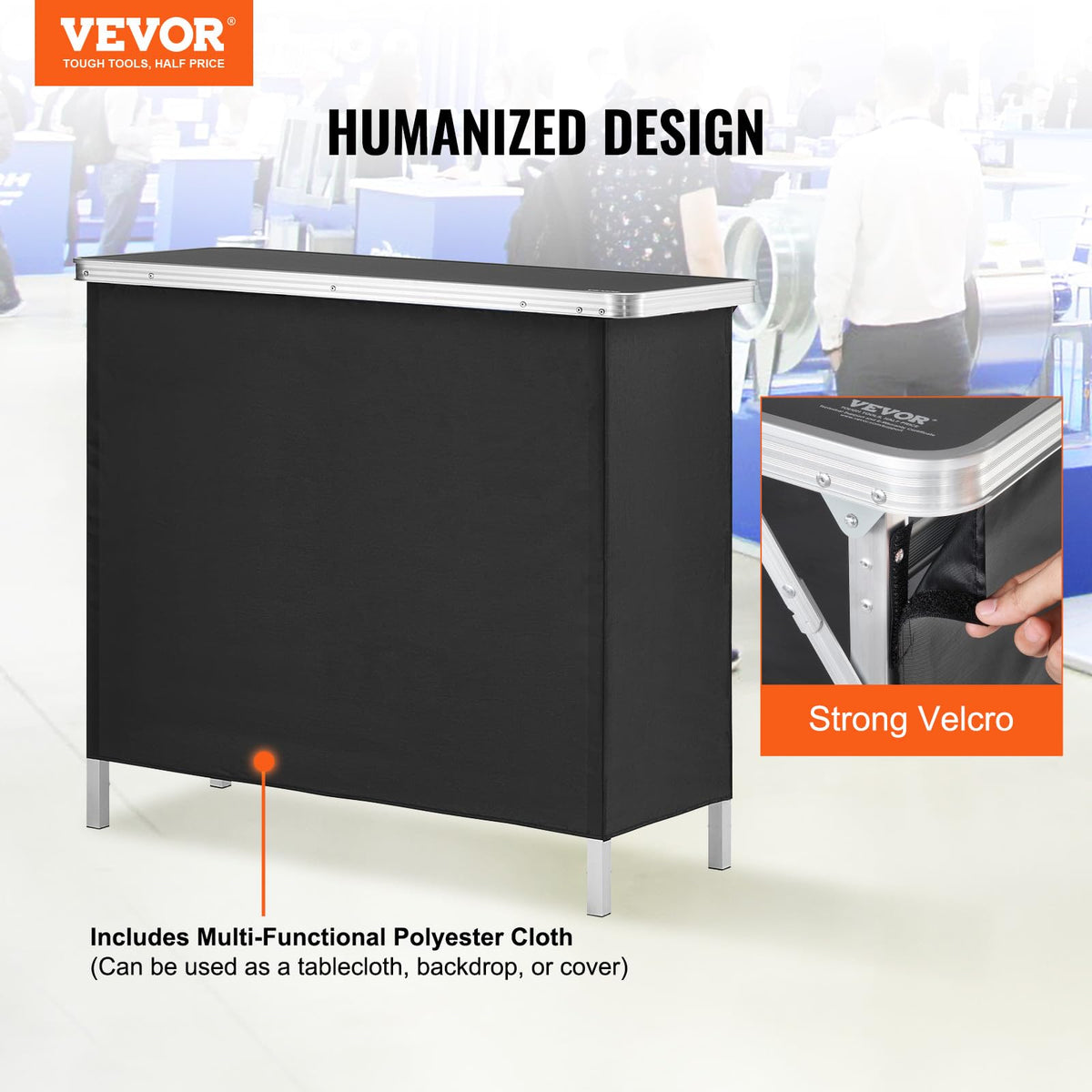 VEVOR Folding Portable Bar Table, Tradeshow Podium Table for Indoor, Outdoor, Party, Picnic, Exhibition, Includes Carrying Case, Storage Shelf and Black Skirt, 38.39" x 15.16" x 34.25"