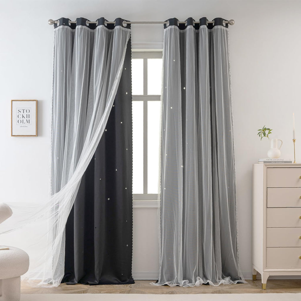 Yancorp Black Curtains For Bedroom Living Room Thermal Insulated Kids Curtain Hollow-Out Star Window Nursery Curtain 96 Inches Length Room Darkening Grommet(Black,52 * 96),1 Panel