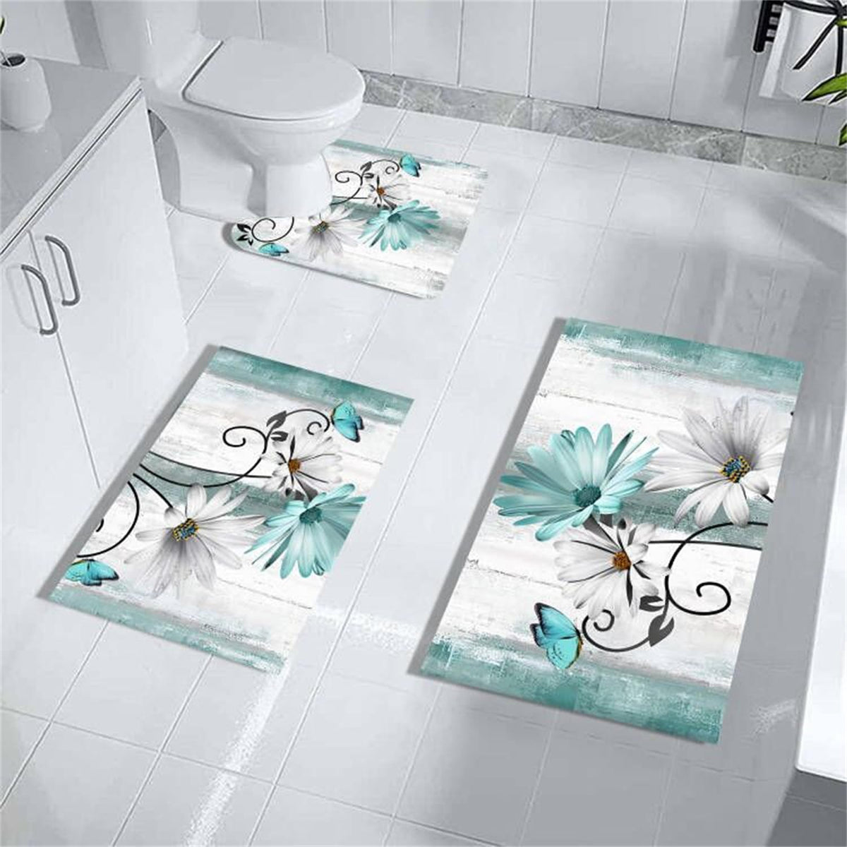 MUGINYU Teal Daisy Floral Bath Rug Sets 3 Piece, Rustic Farm Farmhouse Bath Mat Quick Dry Thin Rubber Diatomaceous Earth Turquoi