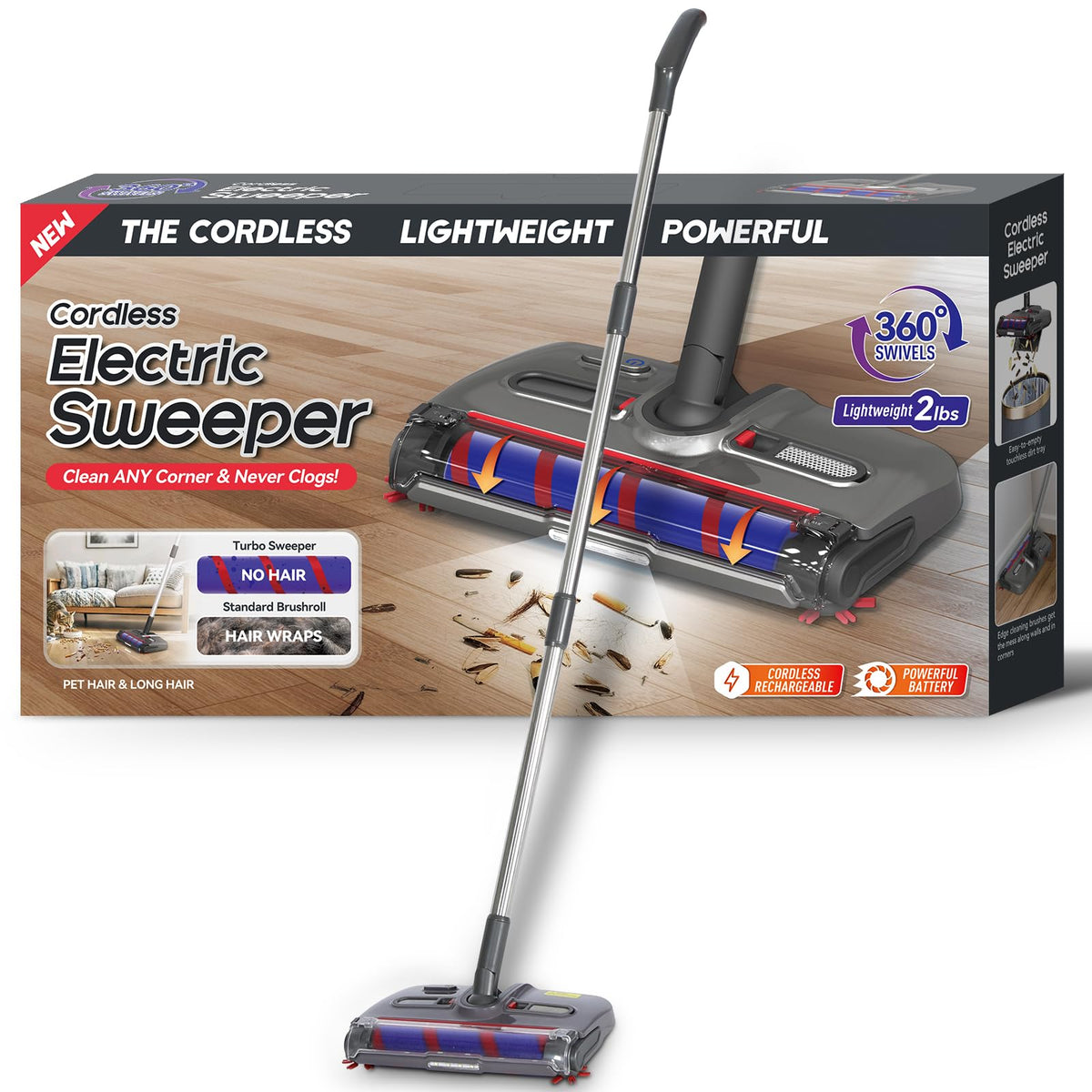 WarmWink Cordless Sweeper, Cordless Electric Sweeper Rechargeable Cordless Sweeper, 360 Direction, Hard Floor Sweeper Roller Swe