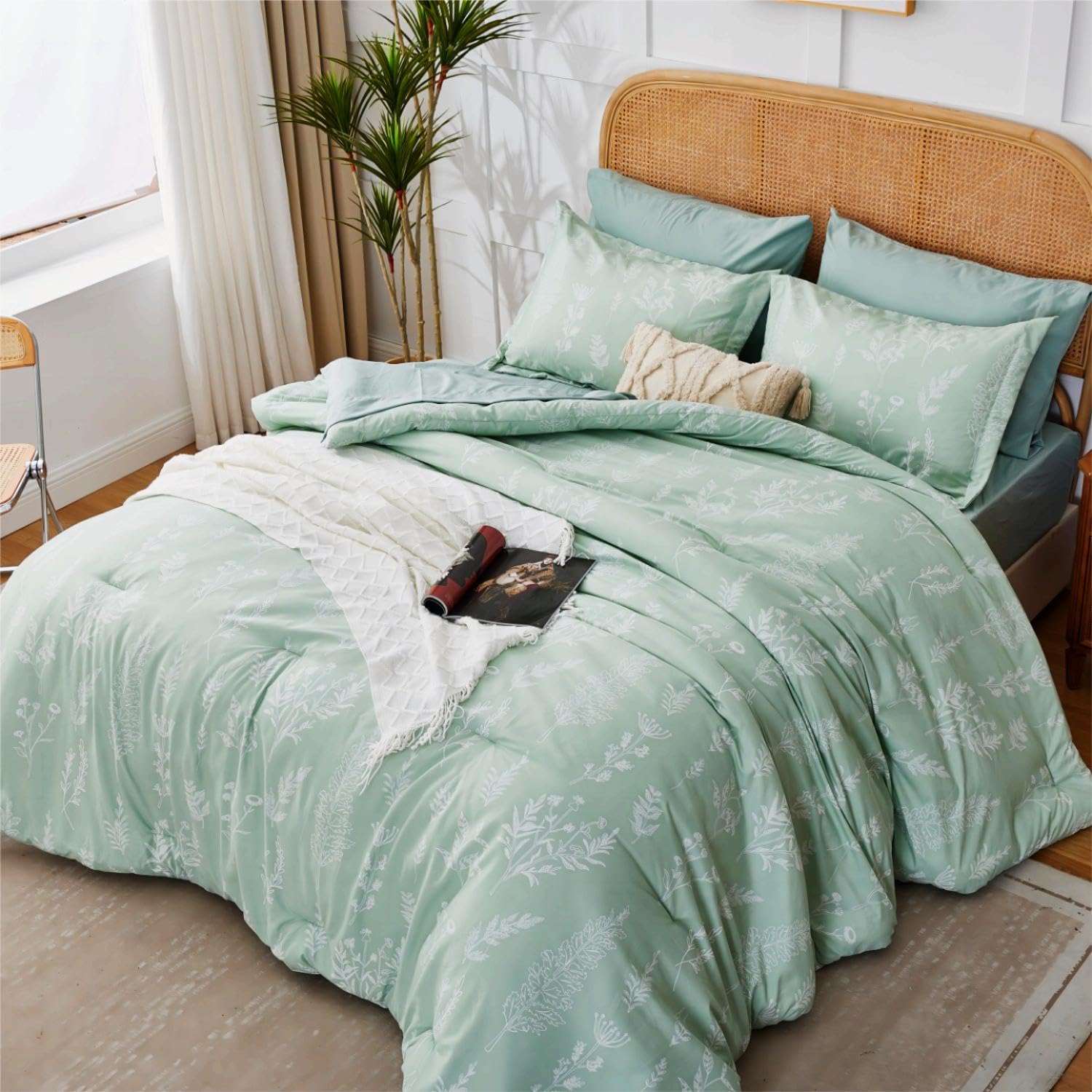 Kozyhvn Twin Xl Comforter Set Sage Green - 5 Pieces Cute Floral Bed In A Bag Twin Xl Boho, Soft Fluffy Bedding Sets With Comfort
