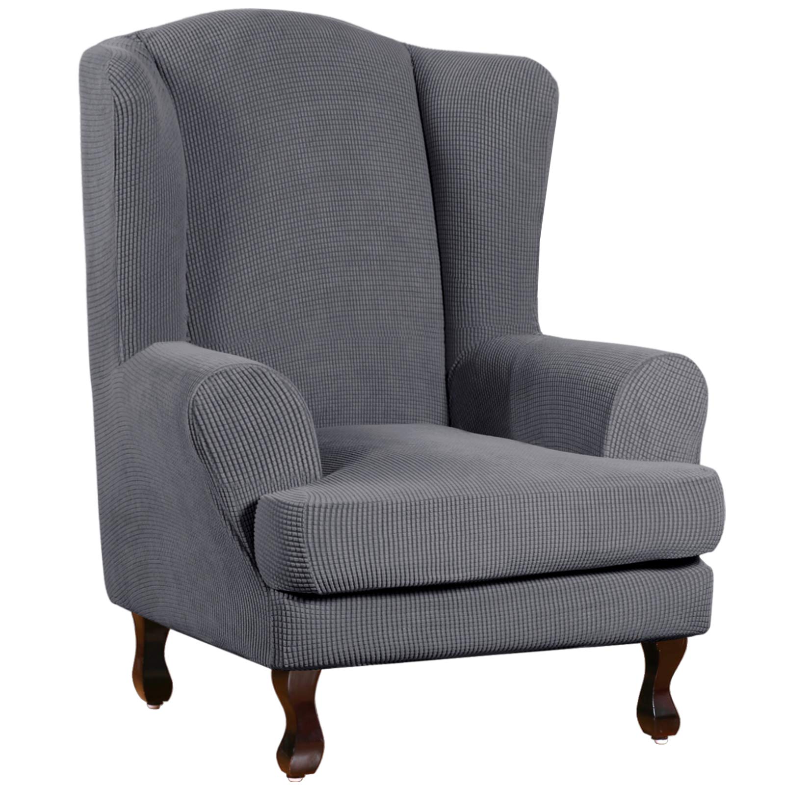Turquoize Wingback Chair Covers 2 Piece Wing Chair Slipcover Stretch Slipcovers For Wingback Chairs Wing Chair Cover Spandex Jacquard Fabric With Elastic Bottom Non-Slip Furniture Cover, Charcoal Gray