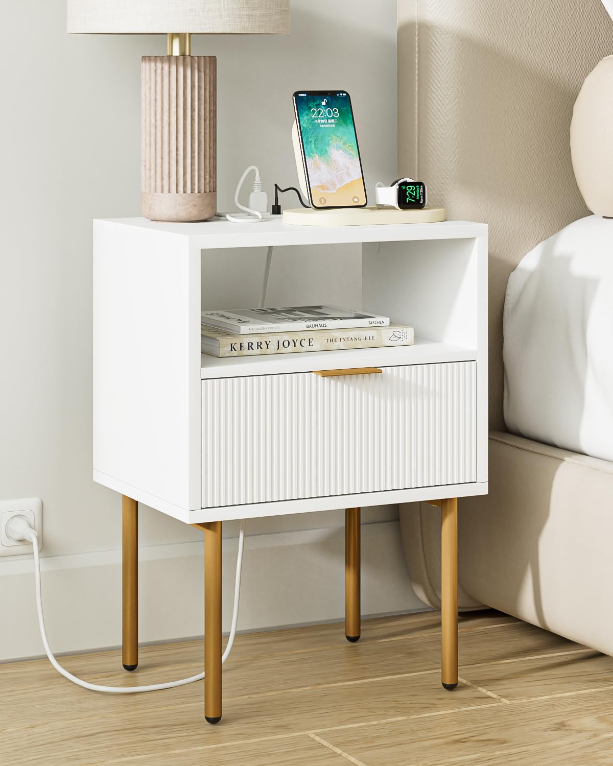 Aepoalua Nightstand,Small Bedside Table With Gold Frame,Morden Night Stand,End Table,Bedside Furniture,Side Table With Drawer And Shelf For Bedroom,Living Room (Modern-1Drawer, White-Stripe-Outlet)