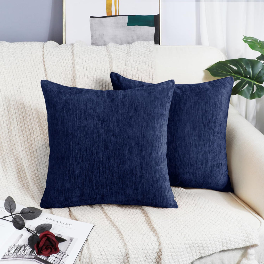 Brawarm Chenille Throw Pillow Covers 22X22 Inches - Navy Blue Chenille Pillow Covers Pack Of 2, Solid Dyed Soft Chenille Pillow