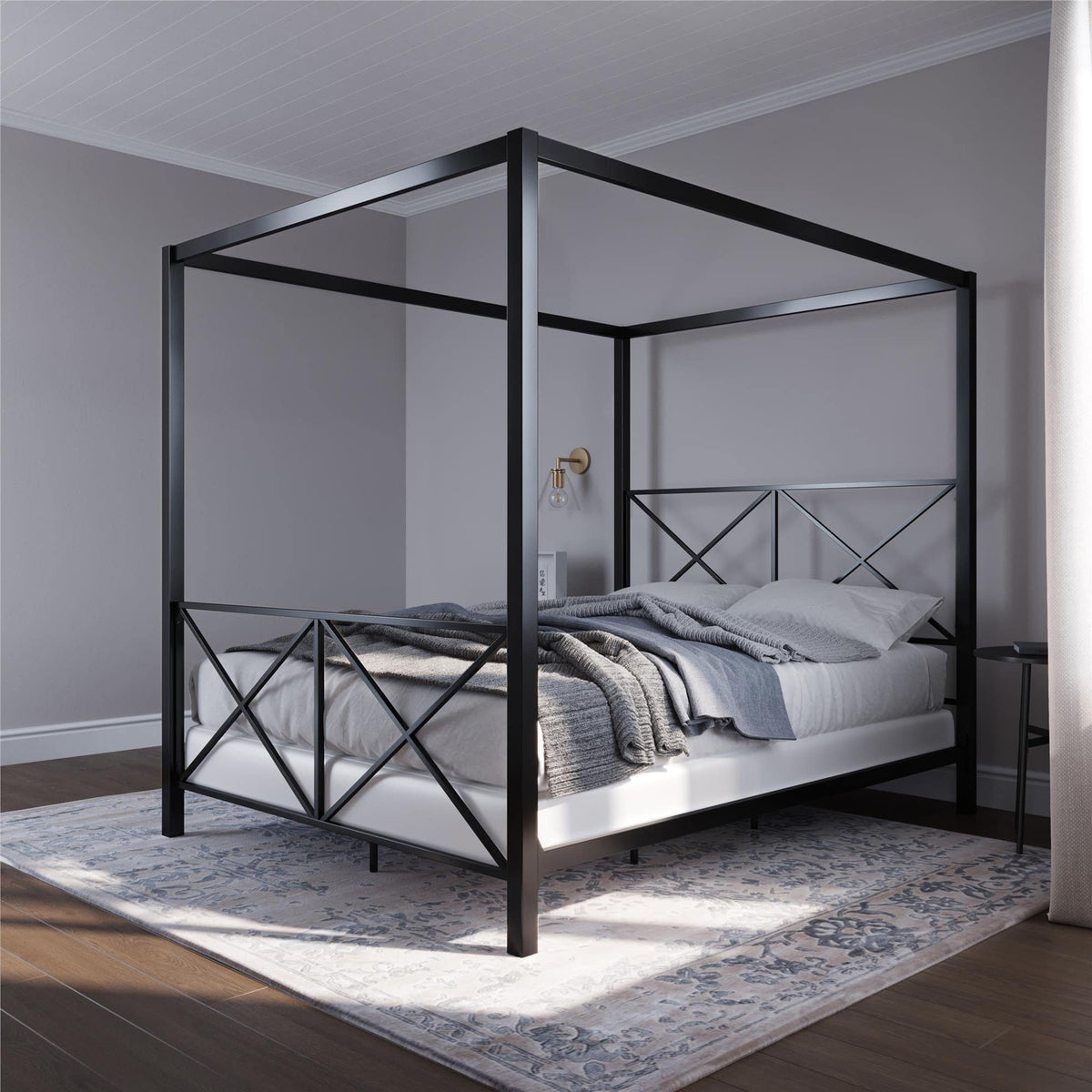 Dhp Rosedale Metal Canopy Bed Frame With Four Poster Design And Geometric Accented Headboard And Footboard, Underbed Storage Spa