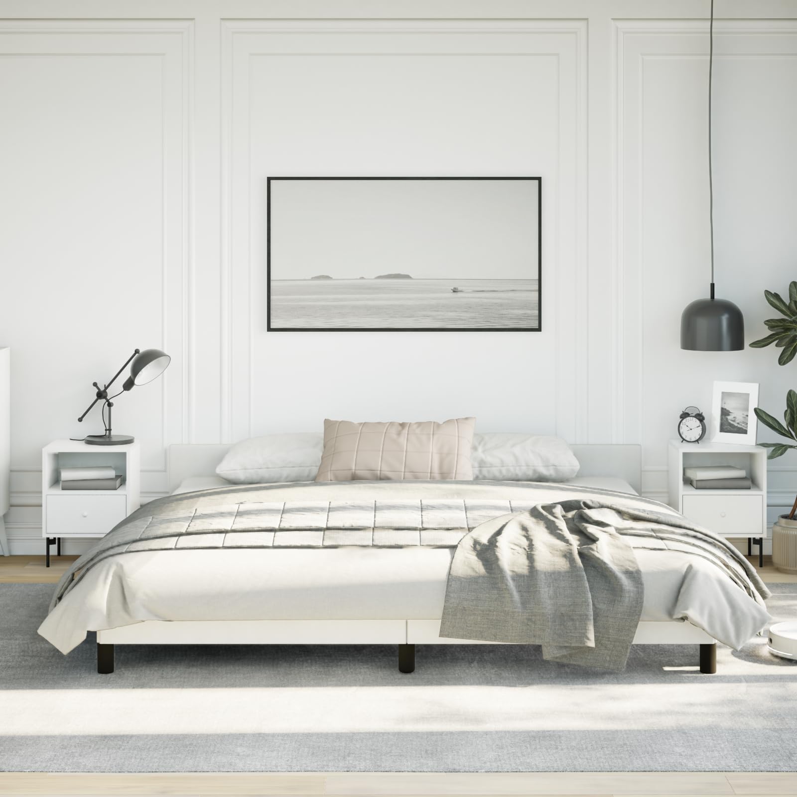 vidaXL Faux Leather Bed Frame Platform Bed, Scandinavian Style/Slats Support/No Box Spring Needed/Without Mattress/Easy Assembly, White California King Bed