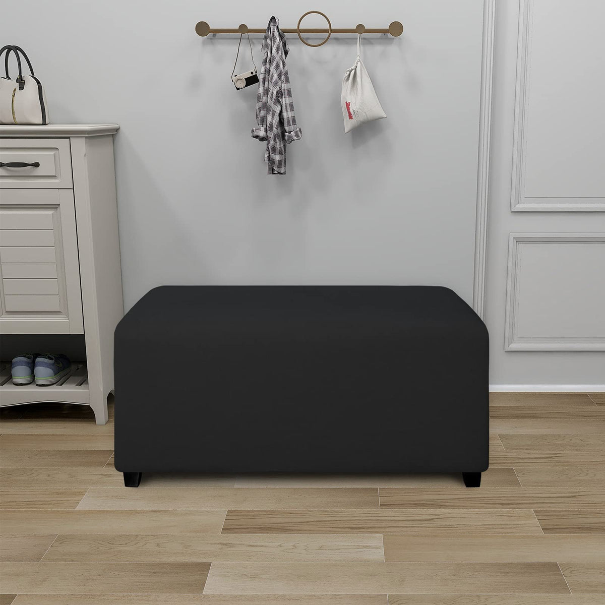 Purefit Super Stretch Soft Form Fit Ottoman Cover Rectangle - Ottoman Slipcovers For Foot Stool & Folding Storage Furniture For Living Room With Nonslip Elastic Bottom (Small, Black