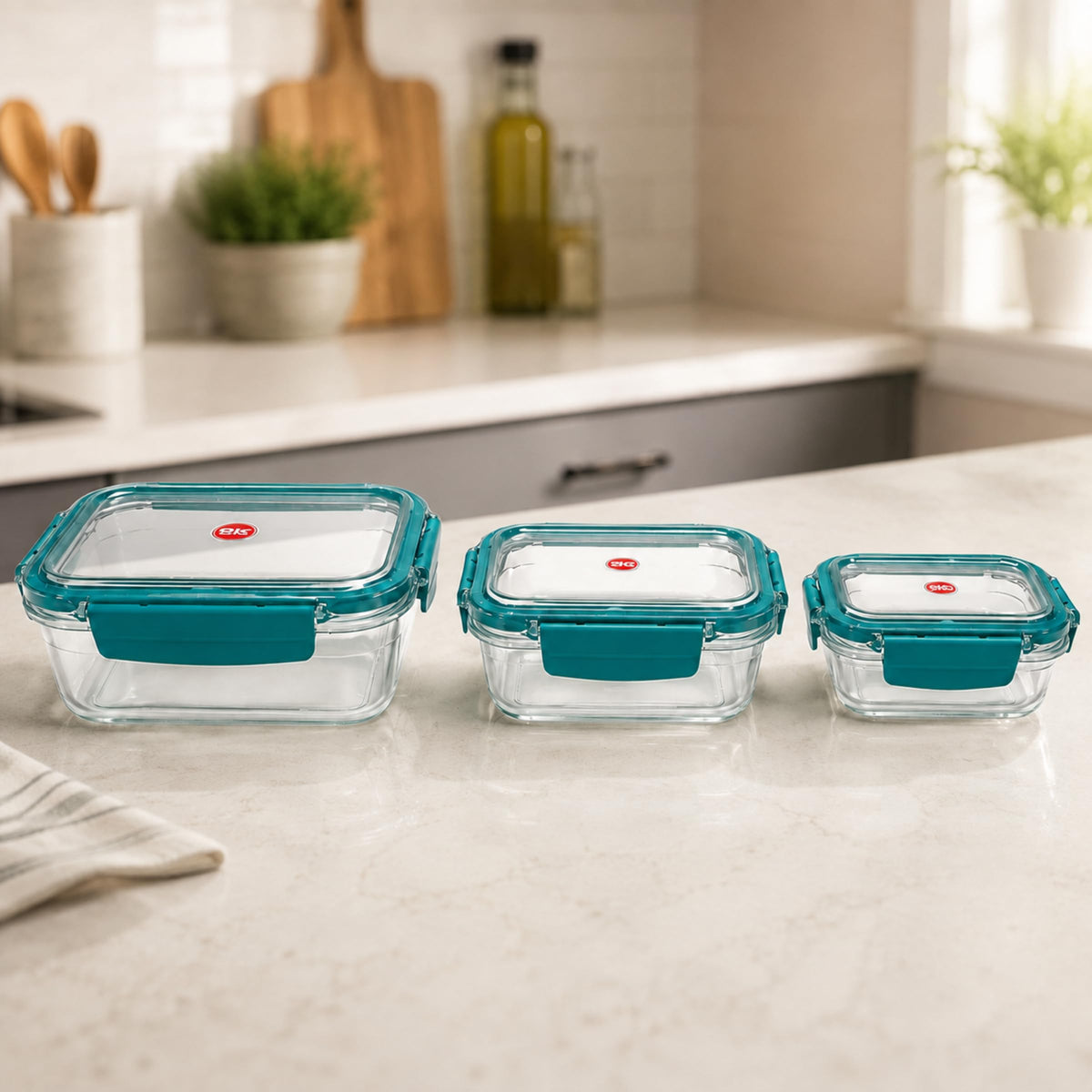 Home Lane Airtight Plastic Food Storage Containers, Teal, Set of 3, Leakproof with Locking Lid, BPA Free, 20x10x8cm, for Fridge,