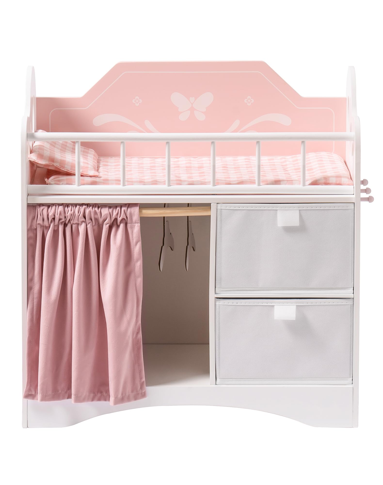 ROBOTIME Baby Doll Crib, Wooden Doll Bed, Toy Baby Crib with Storage, Bedding, and Wooden Hooks, Doll Crib Fits Dolls up to 21, 