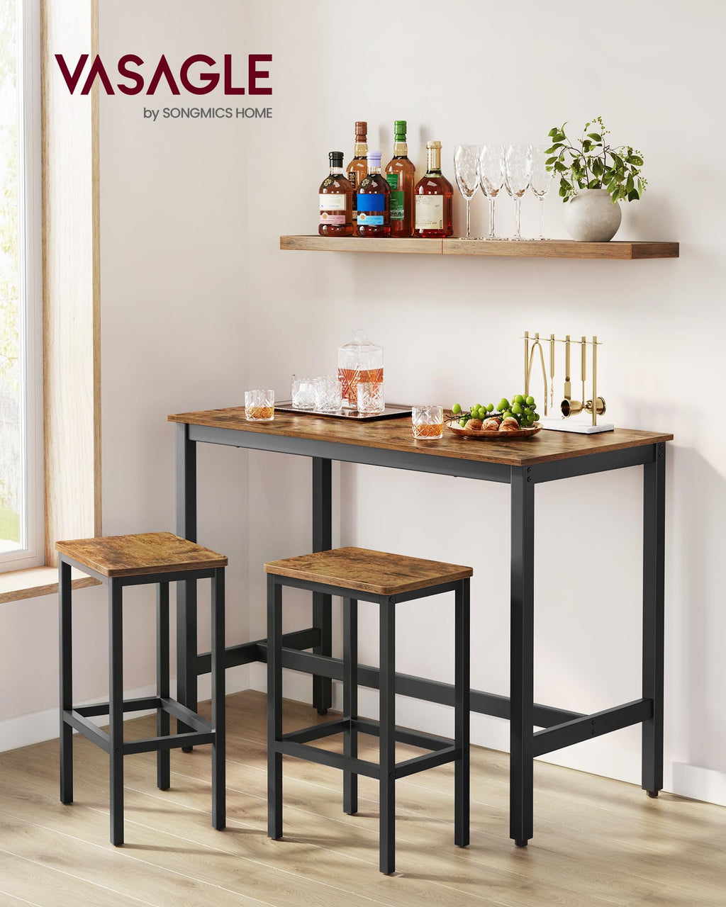 VASAGLE Bar Table Set with 2 Stools, Rustic Brown Engineered Wood, Industrial Style, ULBT15X