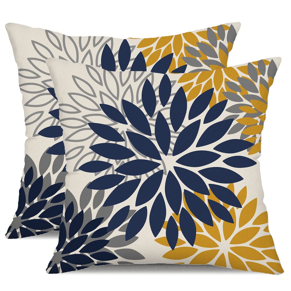 Dfxsz Blue Yellow Flower Pillow Covers 18X18 Inch Set Of 2 Outdoor Throw Pillows Outdoor Waterproof Decor For Living Room Sofa P