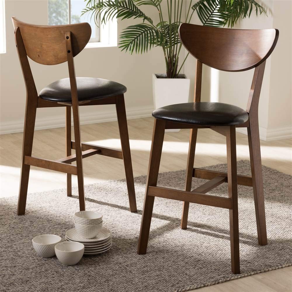 Baxton Studio Eline Mid-Century Modern Black Faux Leather Upholstered Walnut Finished Counter Stool Set Black/Qty 2/Medium Wood/Mid-Century/Faux Leather/Rubber Wood/Foam