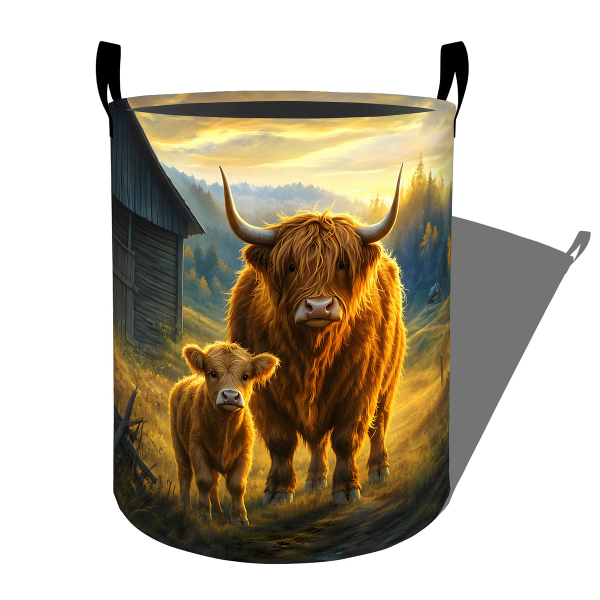 dhakalrlde Rustic Highland Cow Laundry Basket, Farmhouse Foldable Waterproof Dirty Clothes Hamper 19.7x15.7, Cozy Calf Meadow 