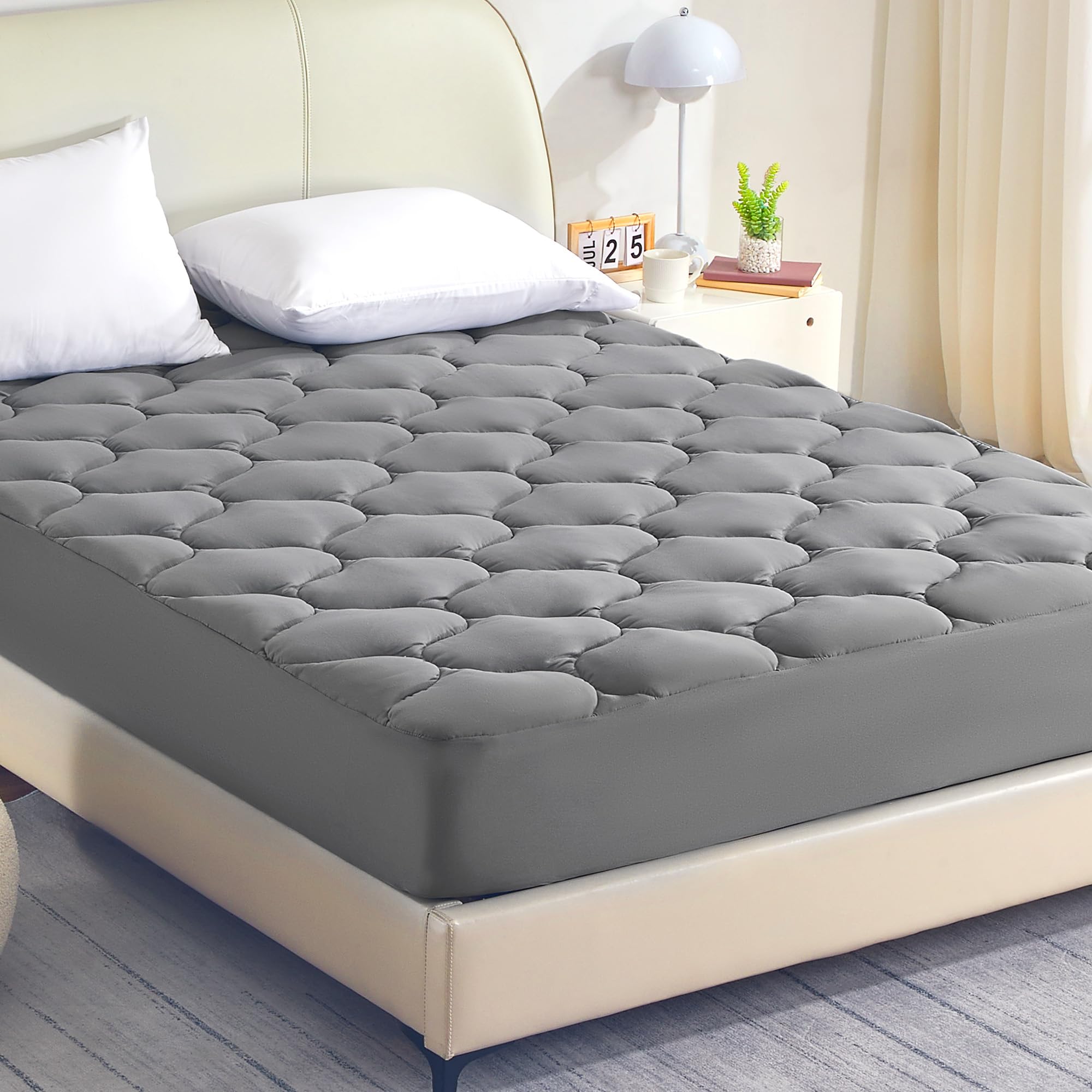 Sleep Zone King Mattress Pad, Cooling Breathable Fluffy Soft Mattress Protector, Stretches Up To 21 Inch Deep, Durable & Machine Wash (Grey, King)