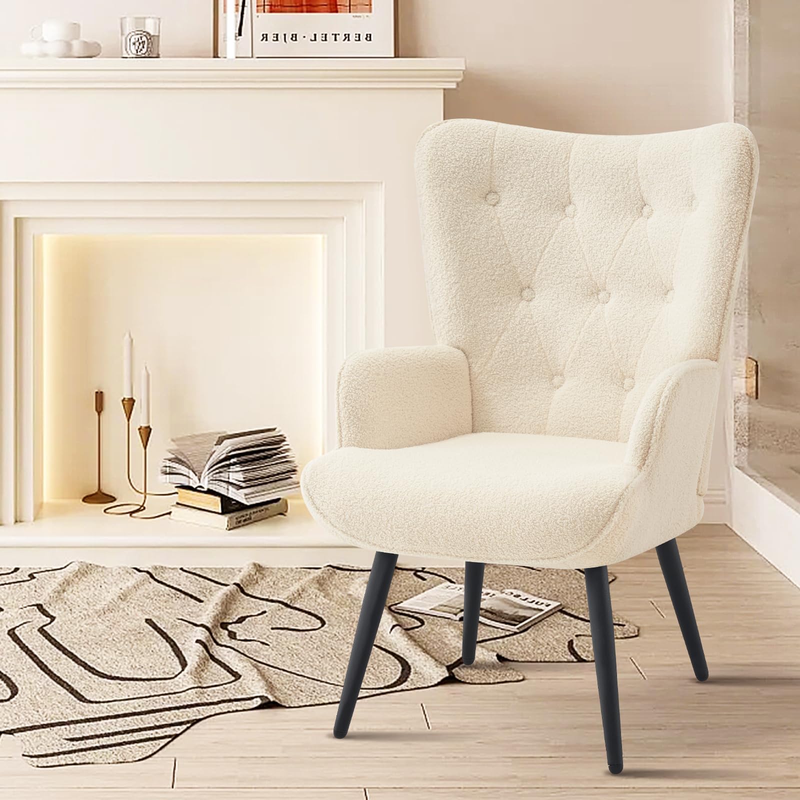 Furnimart Faux Fur White Accent Chair Mid Century Modern Living Room Chairs; Comfy Armchair Leisure Vanity Guest Wingback Chair