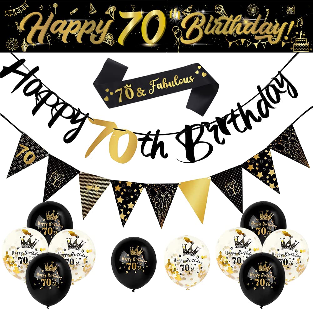 14 Pieces 70th Happy Birthday Decorations Kit, Birthday Party Decoration Including Party Supplies Birthday Straps 9ft Banner Tri